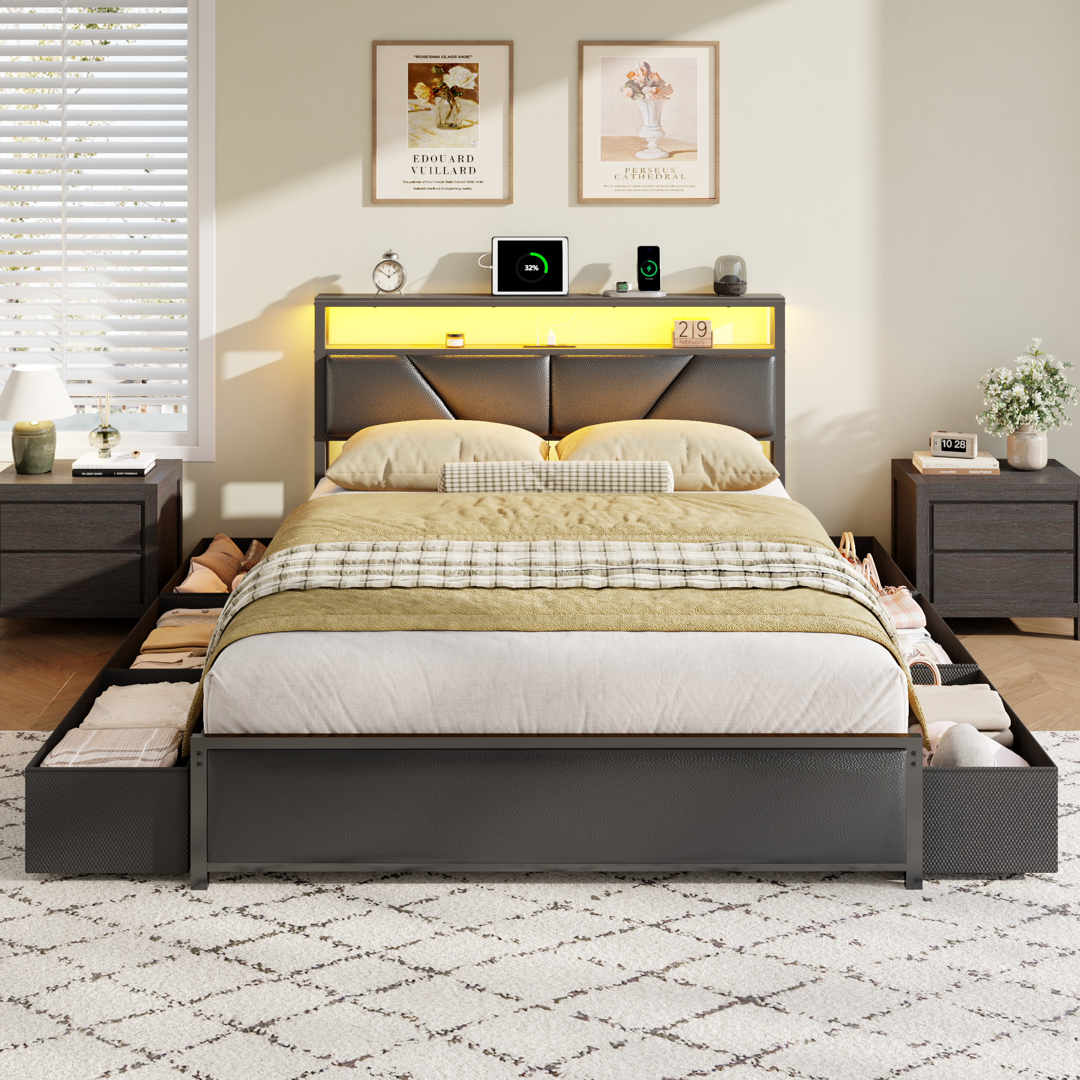 Furnulem Queen Bed Frame with 6 Storage Drawers Metal Platform Bed Frame with 2-Tier Storage Headboard PU Leather Upholstered Charging Station and LED