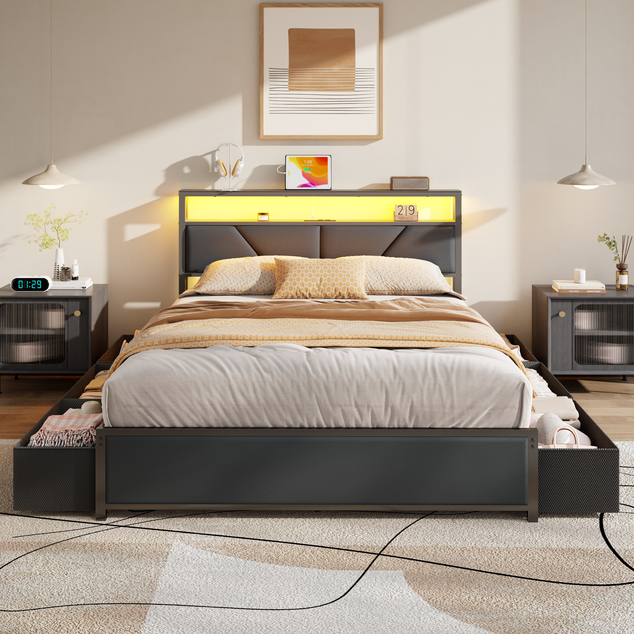 Furnulem Queen Bed Frame with 6 Storage Drawers Metal Platform Bed Frame with 2-Tier Storage Headboard PU Leather Upholstered Charging Station and LED