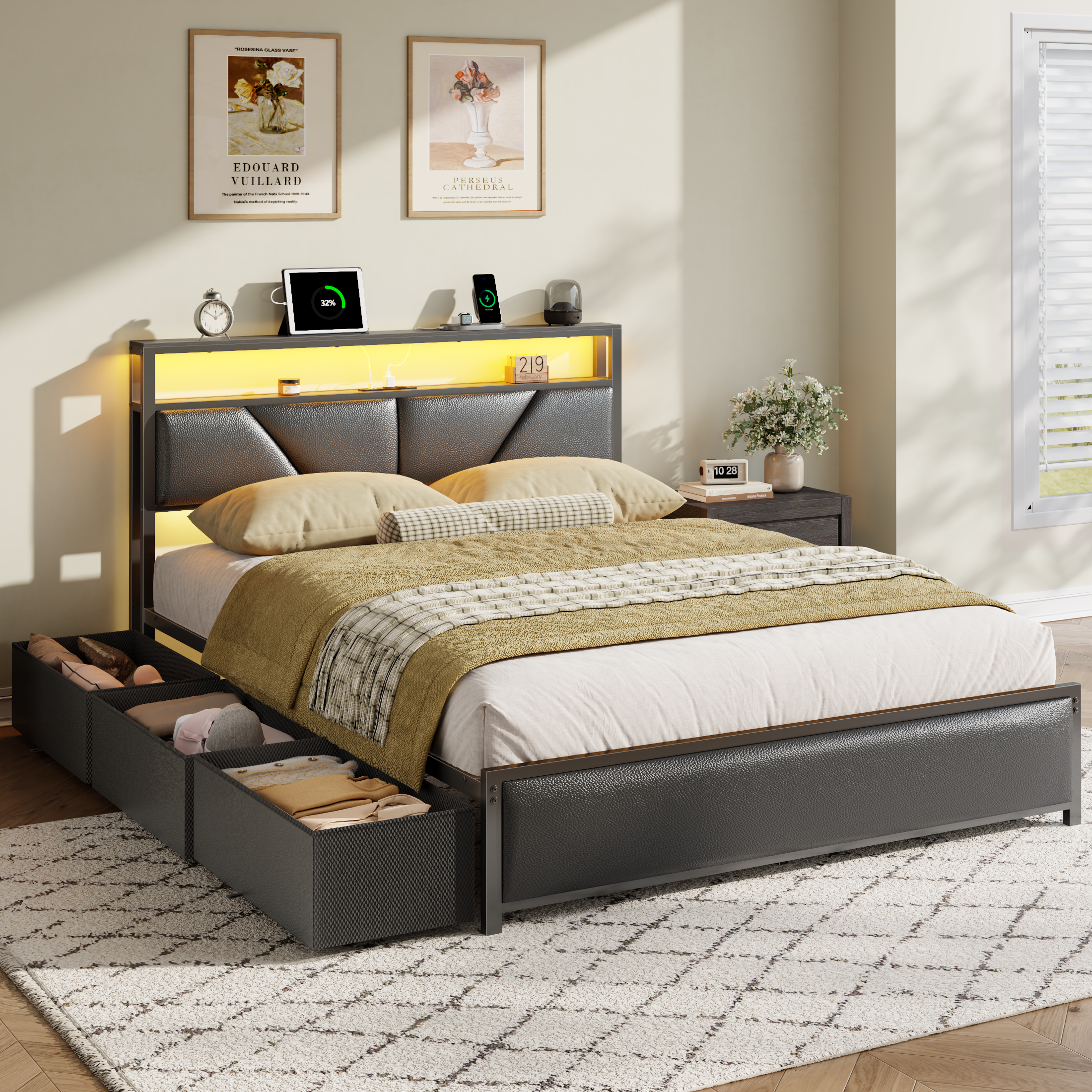 Furnulem Queen Bed Frame with 6 Storage Drawers Metal Platform Bed Frame with 2-Tier Storage Headboard PU Leather Upholstered Charging Station and LED