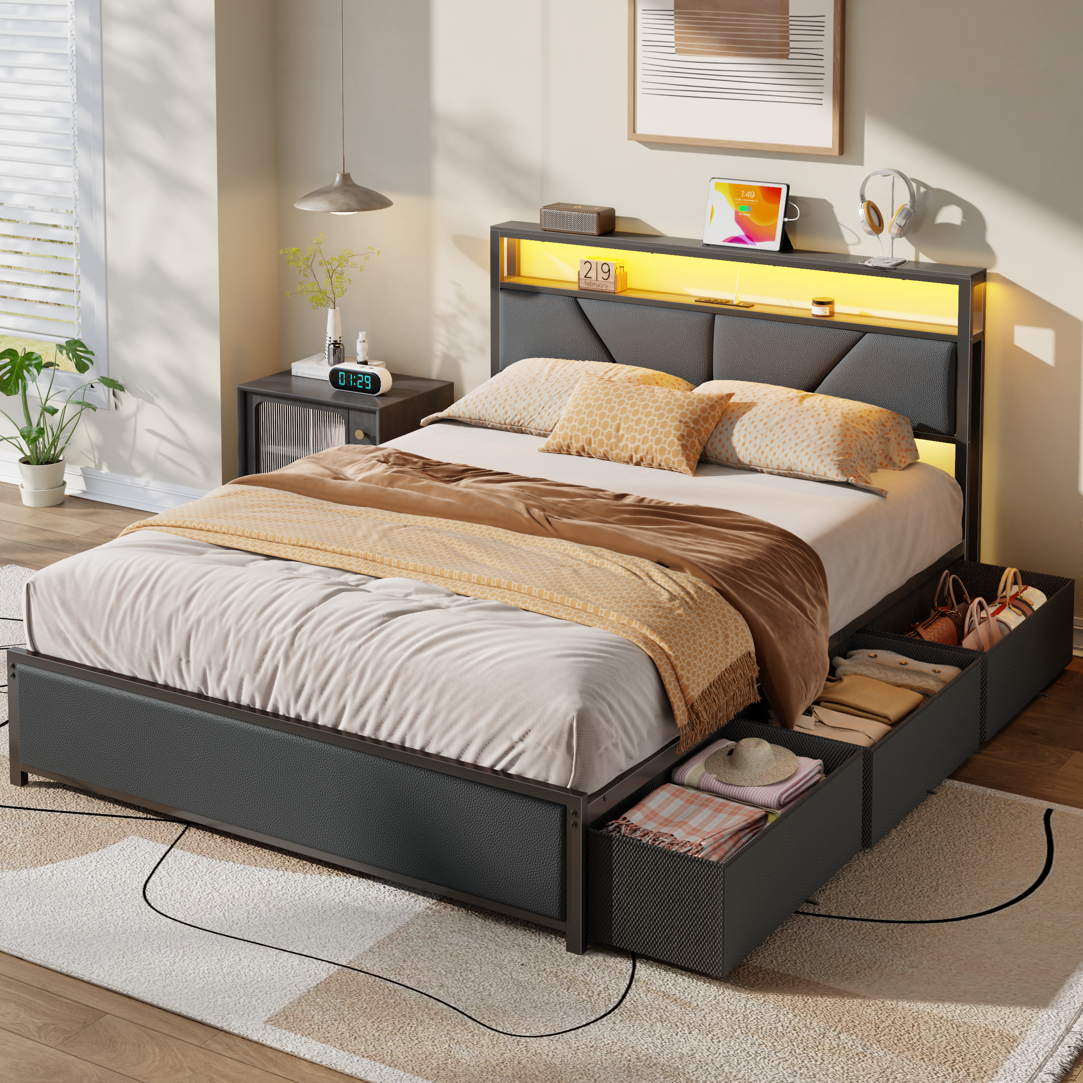 Queen Size Bed Frame with Storage Headboard and 6 Drawers Metal Platform Bed Frame  with Charging Station and LED Lights PU Leather Upholstered