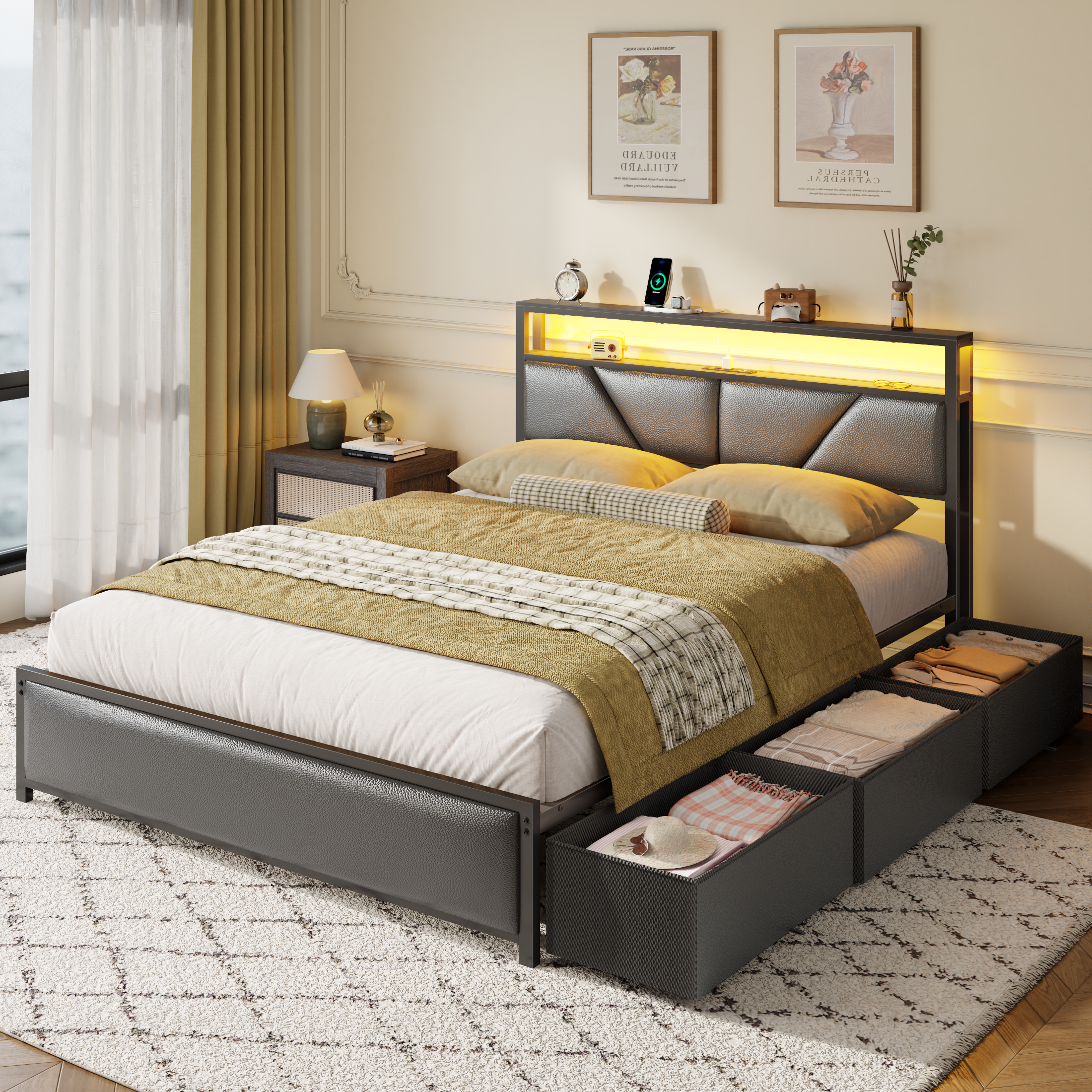 Furnulem Queen Bed Frame with 6 Storage Drawers Metal Platform Bed Frame with 2-Tier Storage Headboard PU Leather Upholstered Charging Station and LED