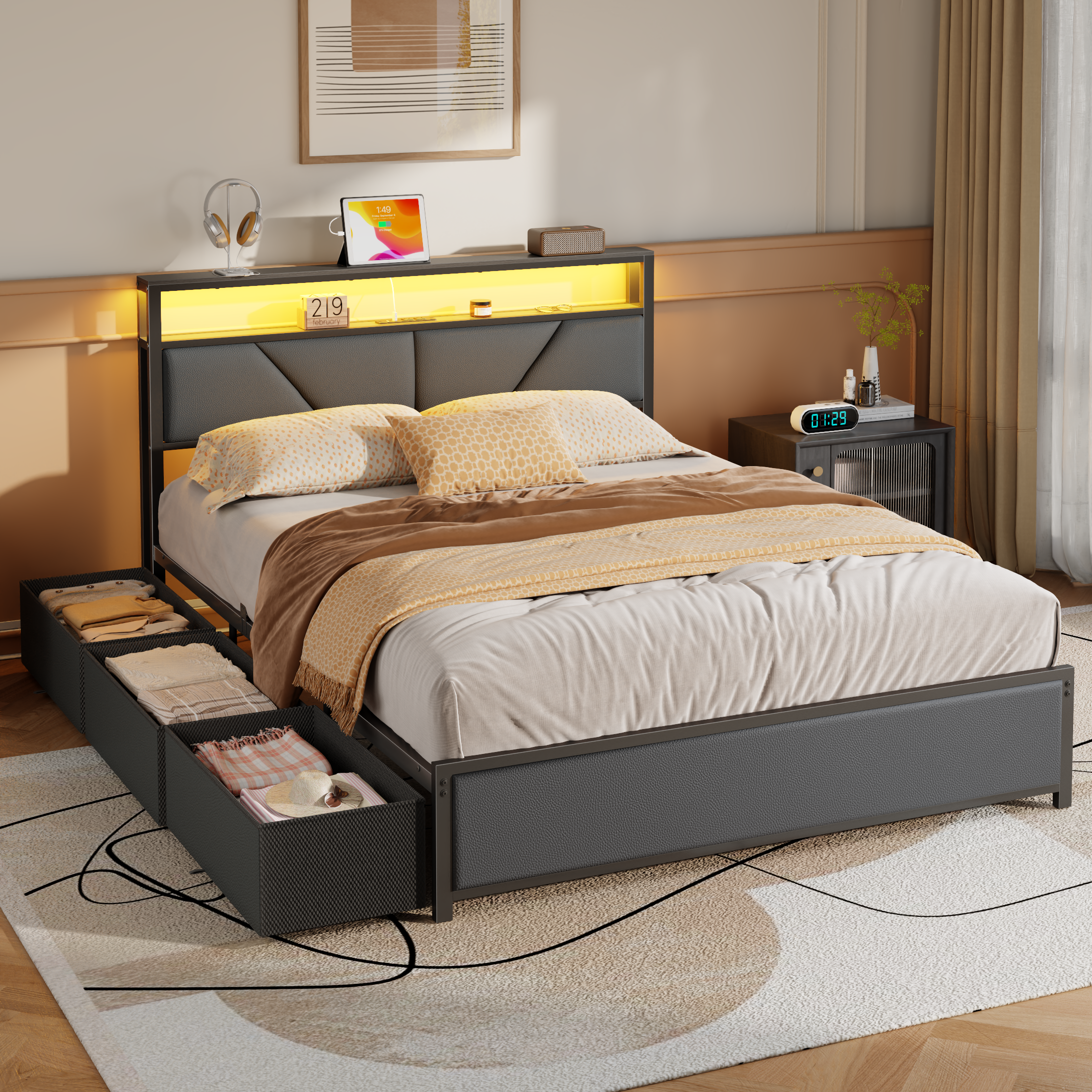 Furnulem Queen Bed Frame with 6 Storage Drawers Metal Platform Bed Frame with 2-Tier Storage Headboard PU Leather Upholstered Charging Station and LED