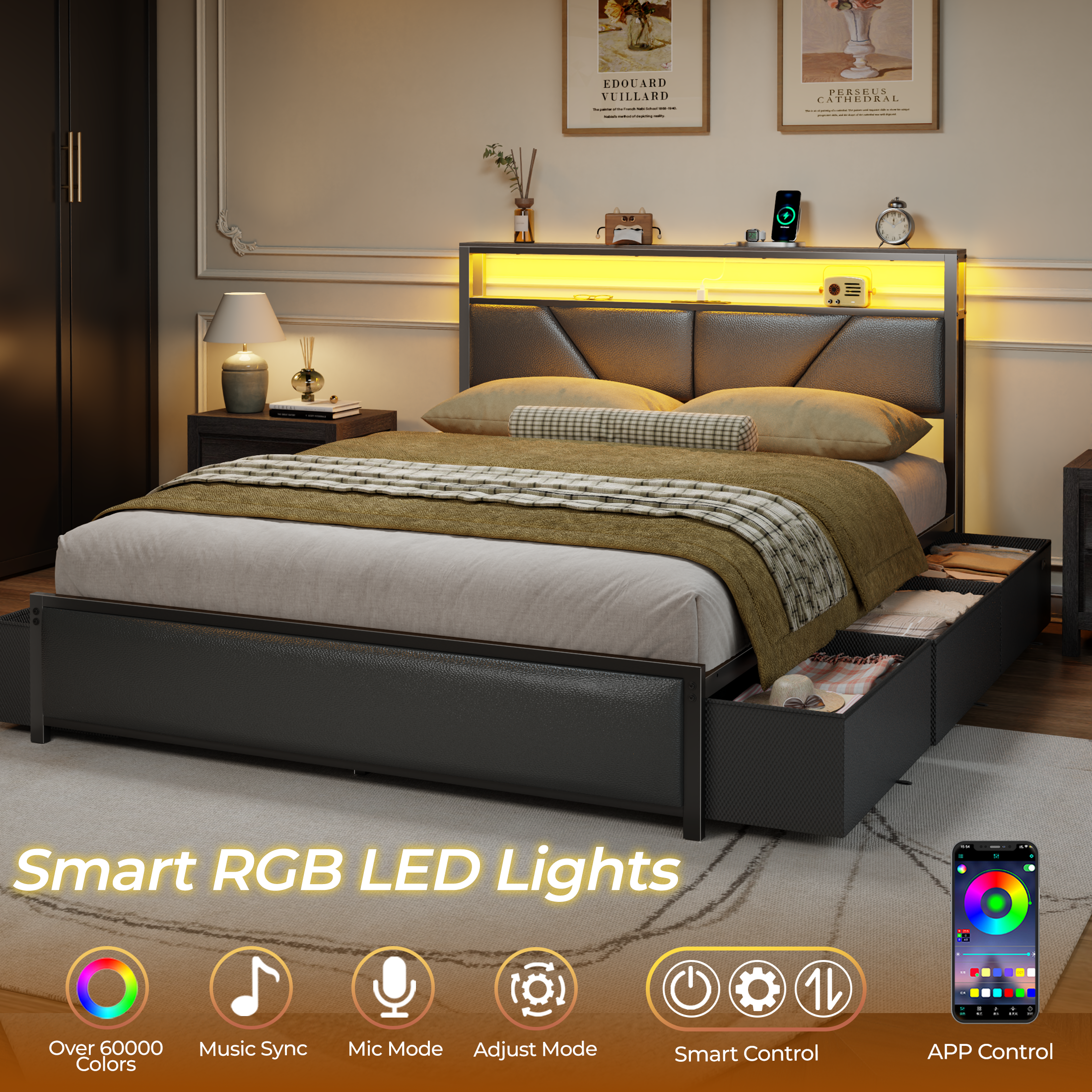 Queen Size Bed Frame with Storage Headboard and 6 Drawers Metal Platform Bed Frame  with Charging Station and LED Lights PU Leather Upholstered