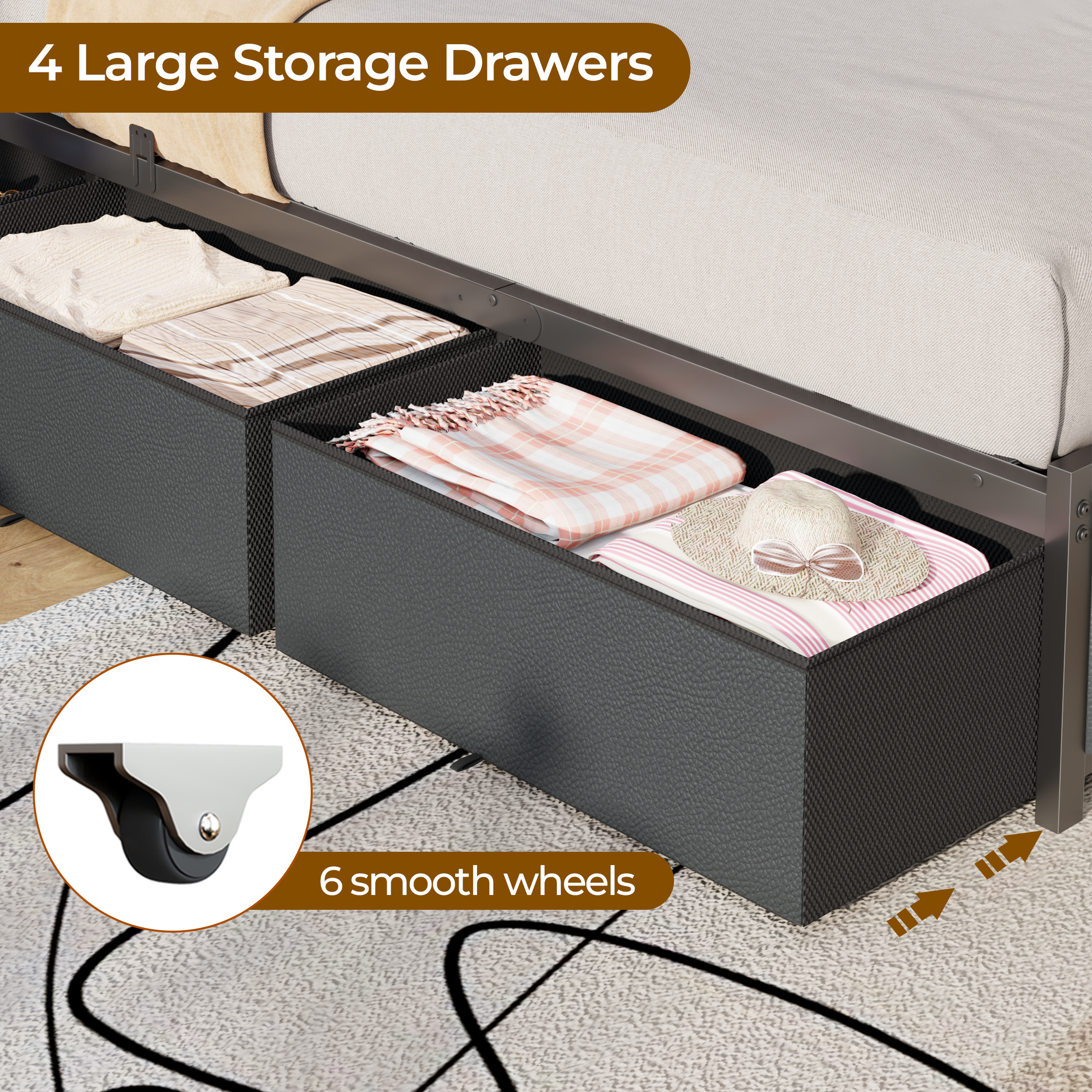 Queen Size Bed Frame with Storage Headboard and 6 Drawers Metal Platform Bed Frame  with Charging Station and LED Lights PU Leather Upholstered