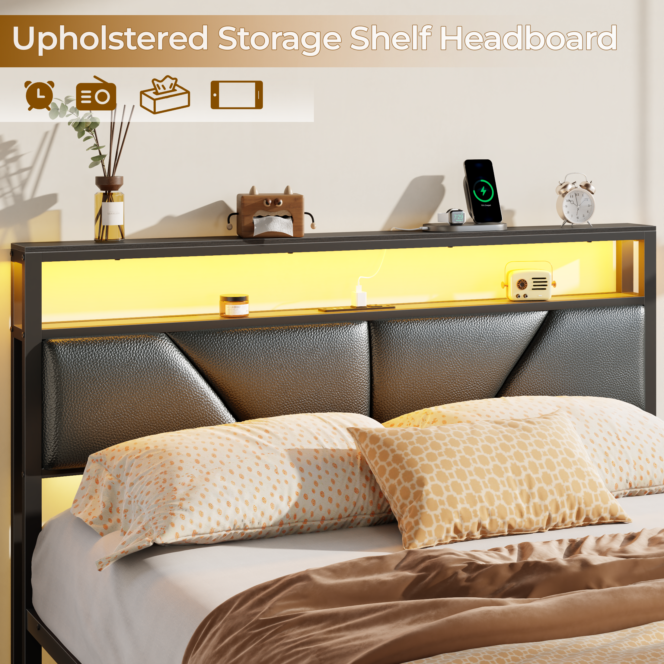 Furnulem Queen Bed Frame with 6 Storage Drawers Metal Platform Bed Frame with 2-Tier Storage Headboard PU Leather Upholstered Charging Station and LED