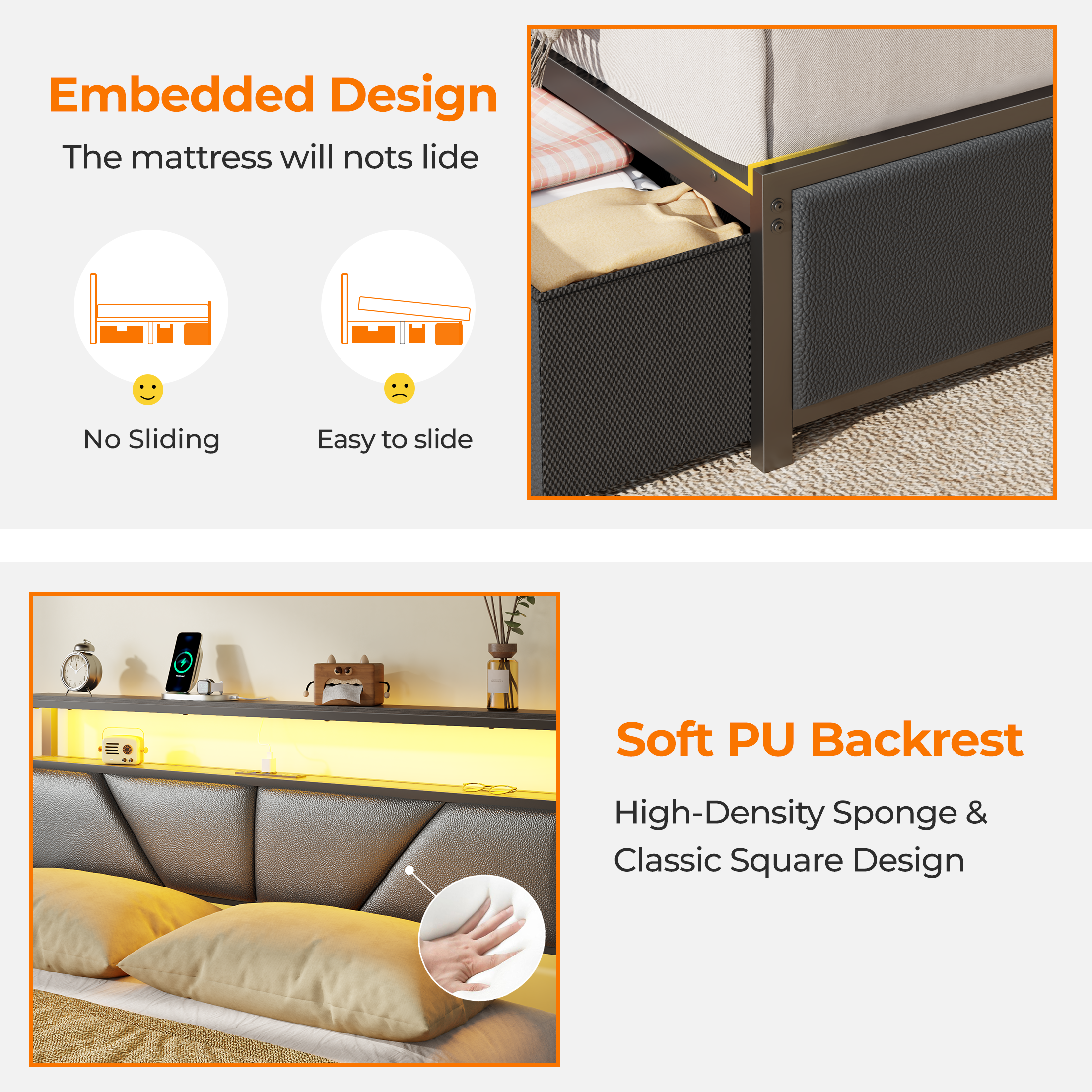 Furnulem Queen Bed Frame with 6 Storage Drawers Metal Platform Bed Frame with 2-Tier Storage Headboard PU Leather Upholstered Charging Station and LED