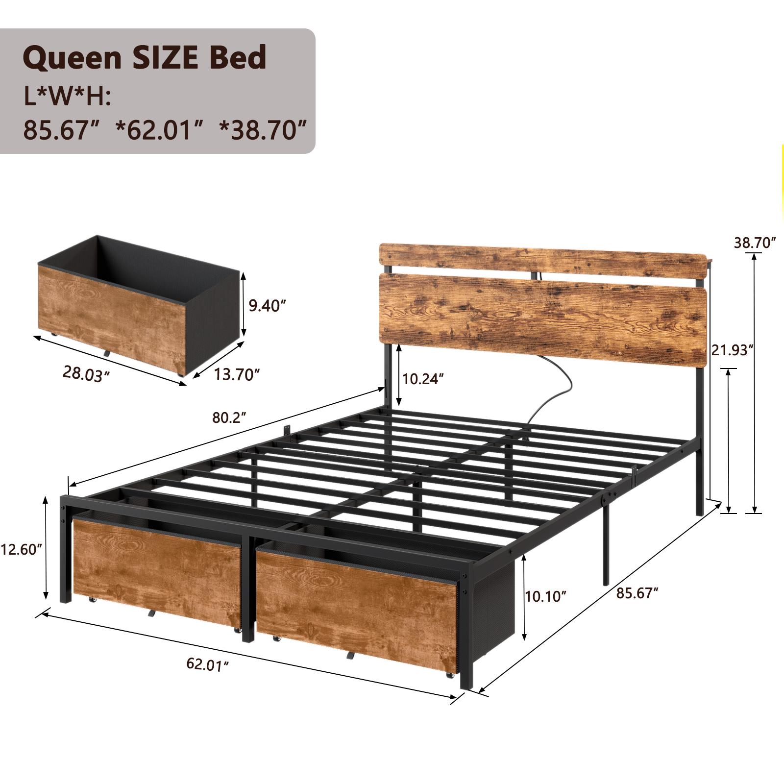 Queen Bed Frame with Wood Headboard Metal Platform Bed with 2 Storage Drawers Shelf Built-in Charging Station  LED Lights No Box Spring Needed
