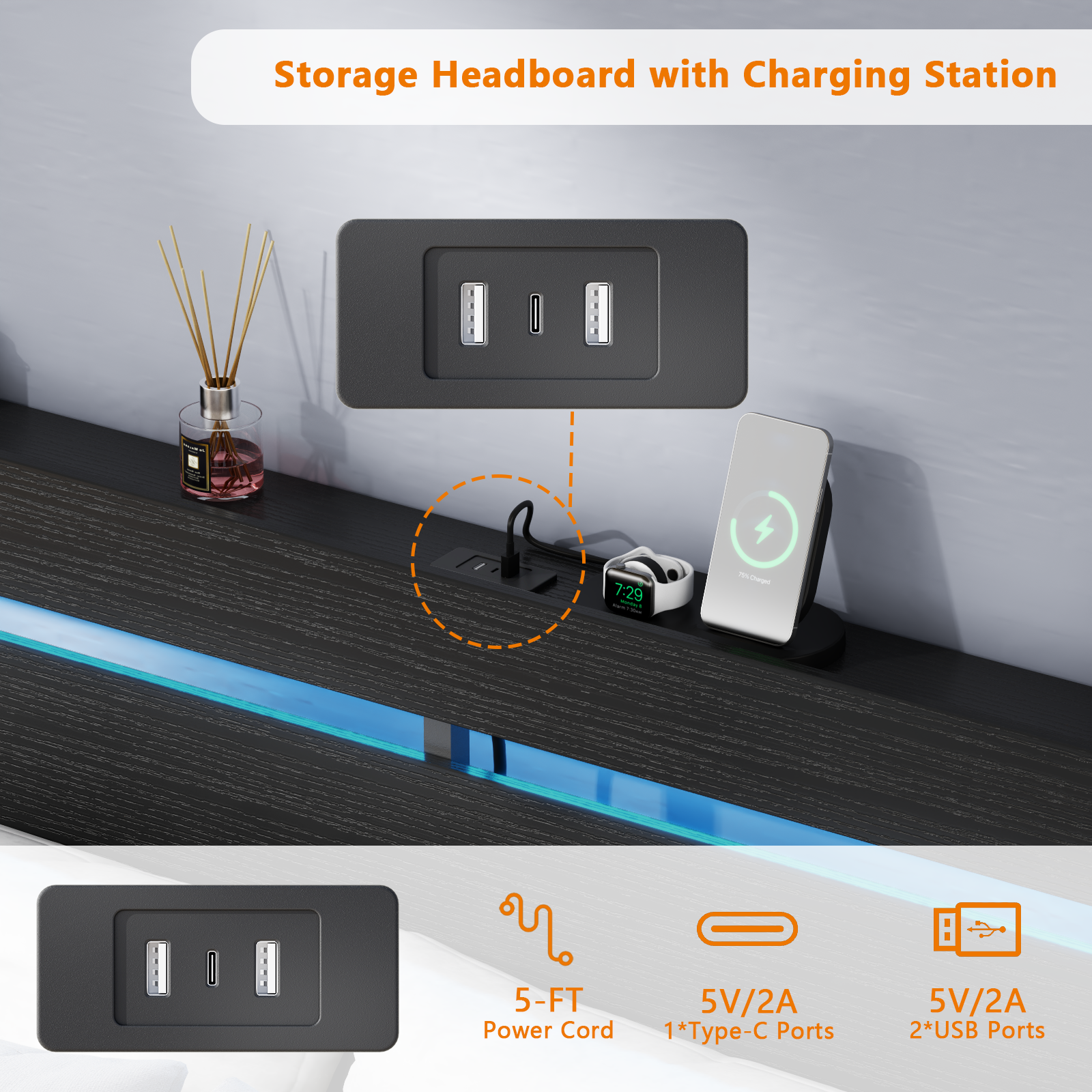 Queen Size Bed Frame with Storage Headboard Shelf 2 Drawers LED Lights Charging Station Industrial Metal Platform Wood No Box Spring Needed