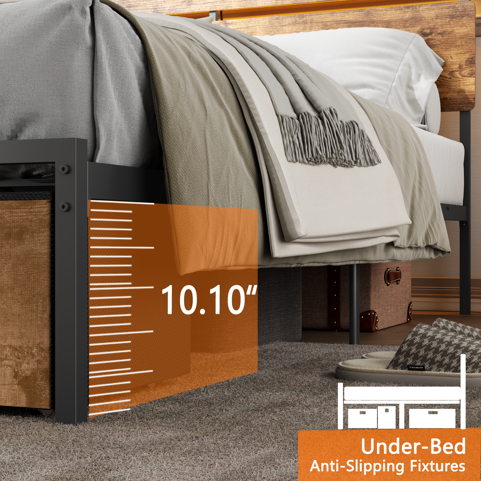 Vintage Brown Queen Bed Frame LED Lights Charging Station Storage Headboard Shelf 2 Drawers Industrial Rustic Wood Metal Heavy Duty No Box Spring