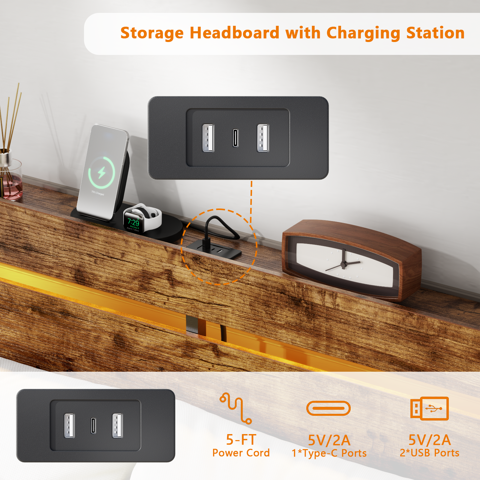 Vintage Brown Queen Bed Frame LED Lights Charging Station Storage Headboard Shelf 2 Drawers Industrial Rustic Wood Metal Heavy Duty No Box Spring