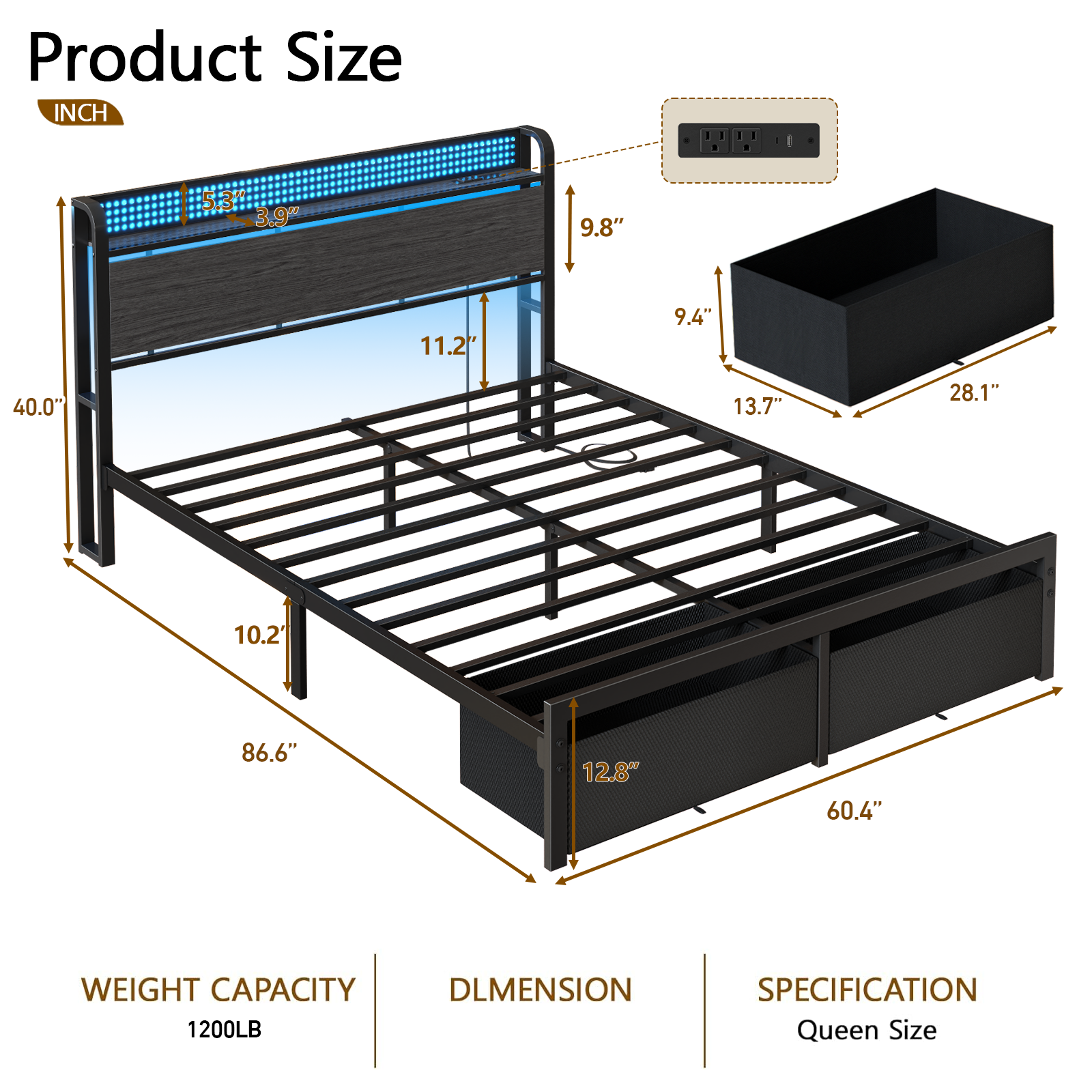 Queen Size Platform Bed Frame 2 Storage Drawers Headboard LED Lights Charging Station Heavy Duty Metal Wood No Box Spring Needed Guest Bedroom USB