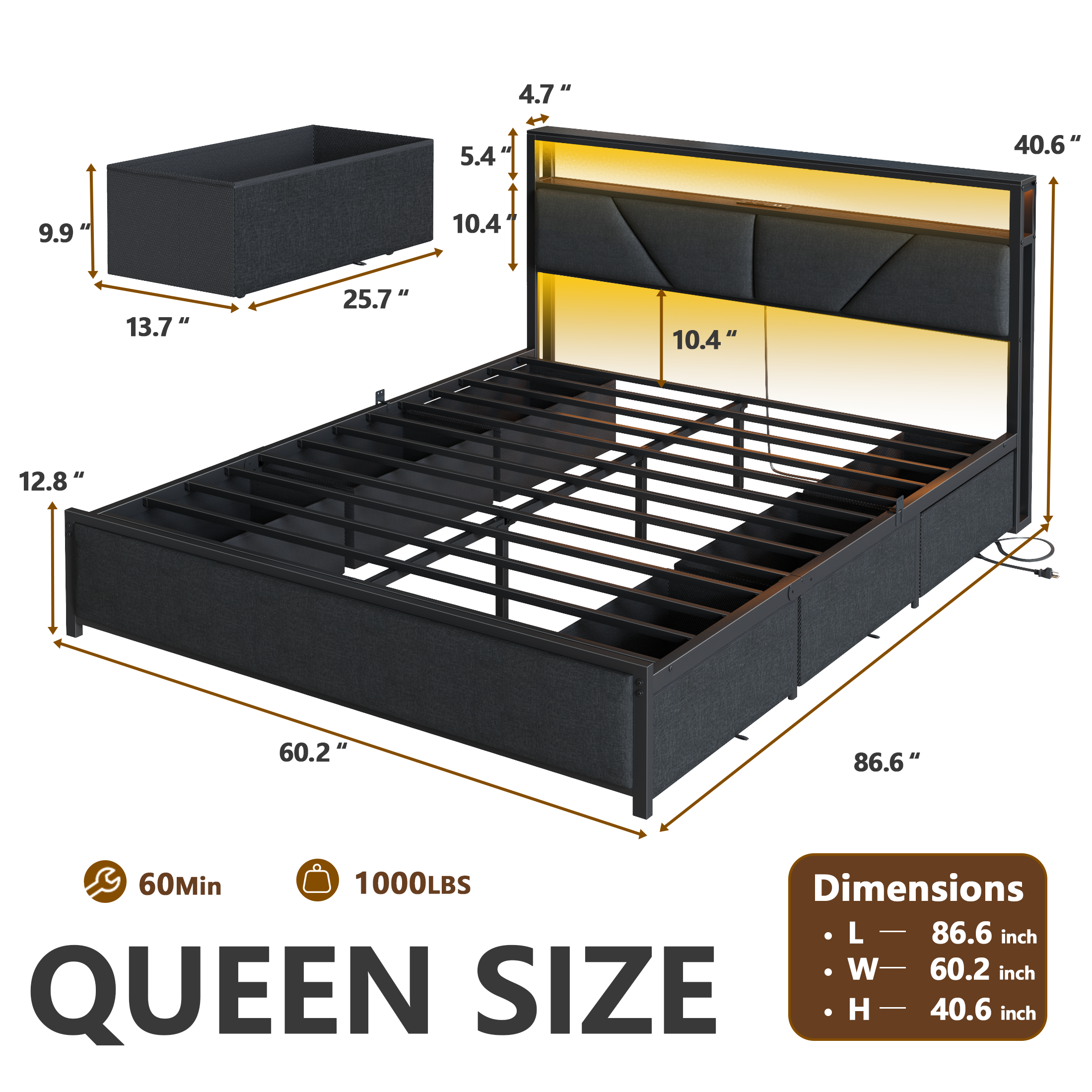 Qwatto Queen Size Bed Frame with 6 Storage Drawers Charging Station LED Lights Upholstered Storage Headboard Metal Platform No Box Spring Needed