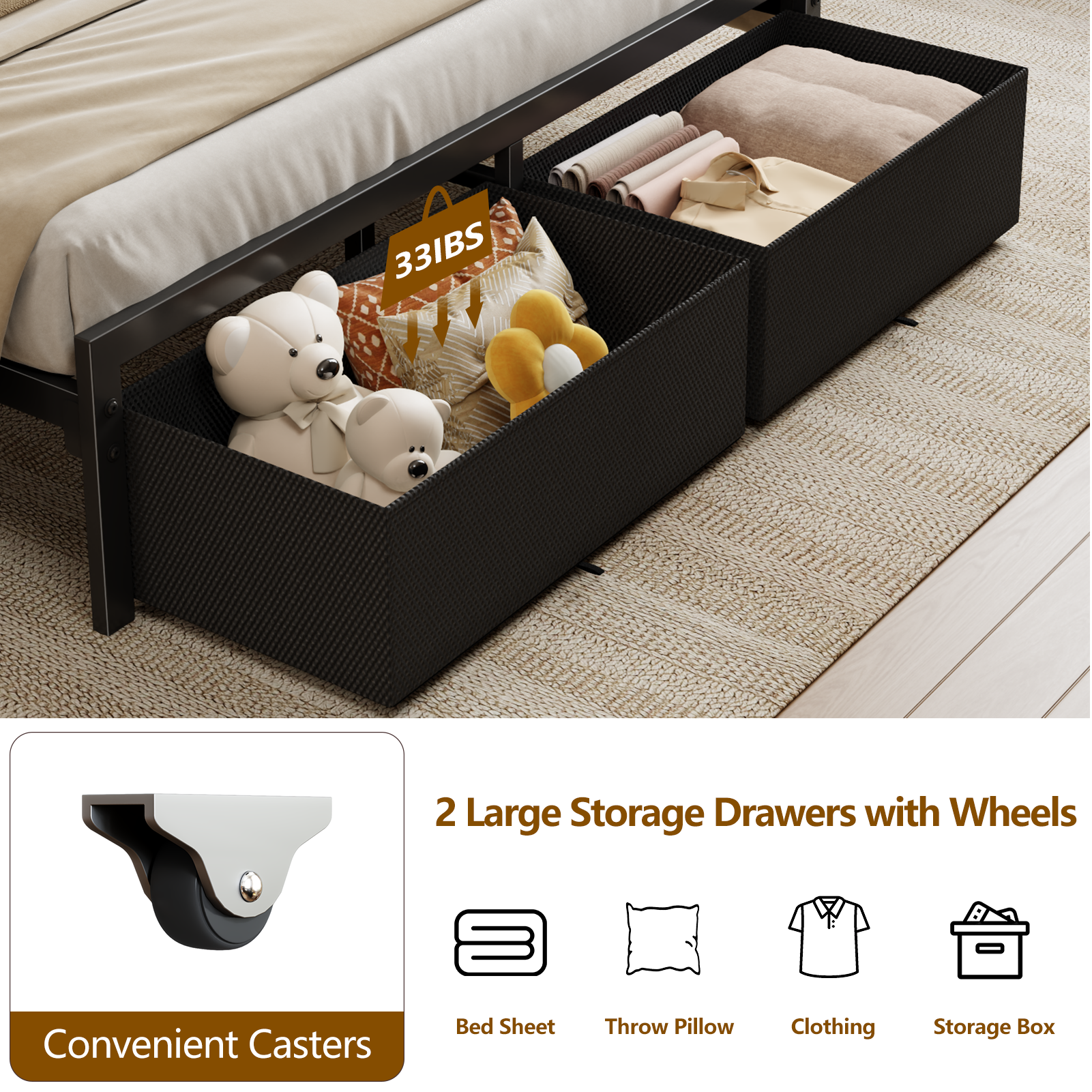 Queen Size Platform Bed Frame 2 Storage Drawers Headboard LED Lights Charging Station Heavy Duty Metal Wood No Box Spring Needed Guest Bedroom USB