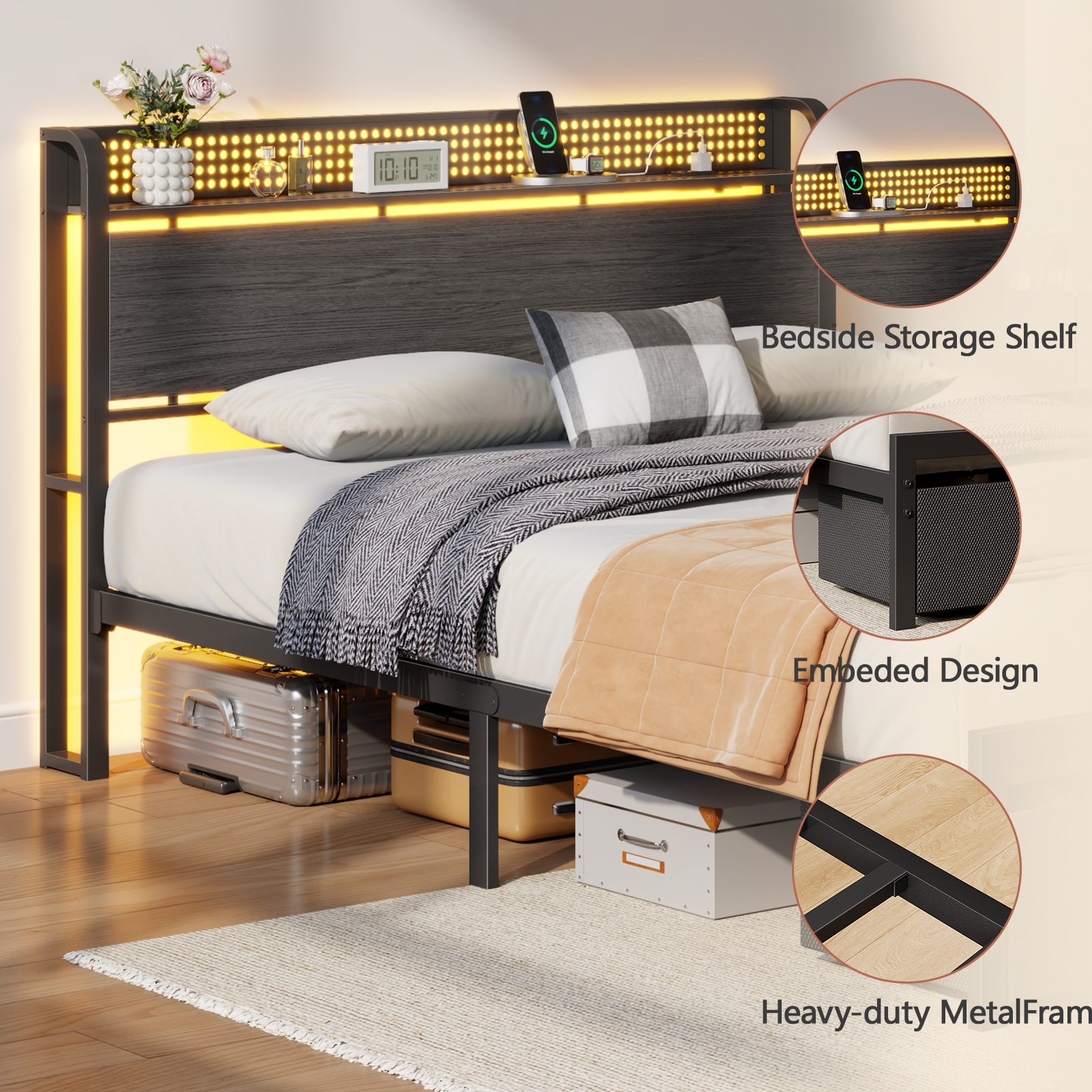 Queen Size Platform Bed Frame 2 Storage Drawers Headboard LED Lights Charging Station Heavy Duty Metal Wood No Box Spring Needed Guest Bedroom USB