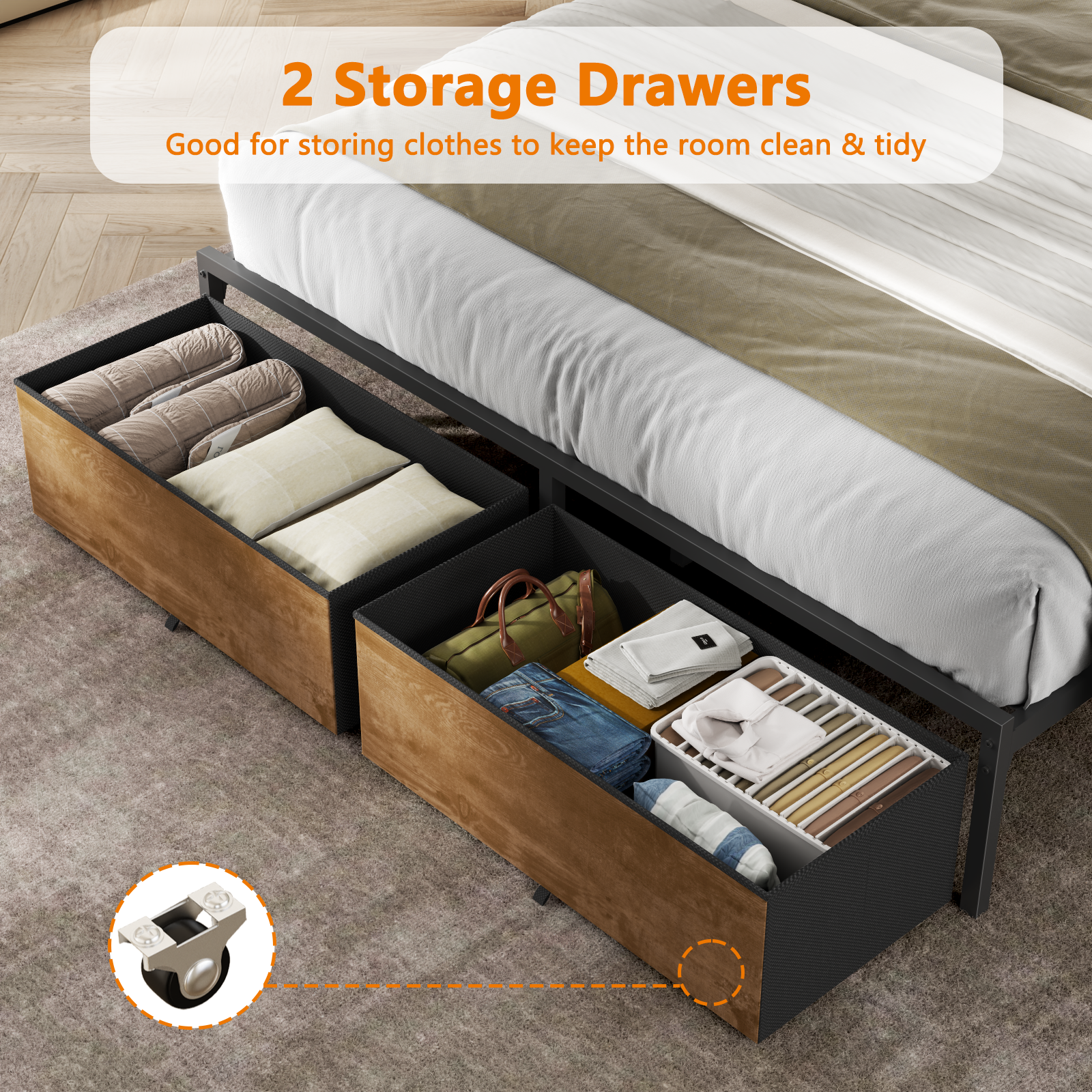 Vintage Brown Queen Bed Frame LED Lights Charging Station Storage Headboard Shelf 2 Drawers Industrial Rustic Wood Metal Heavy Duty No Box Spring