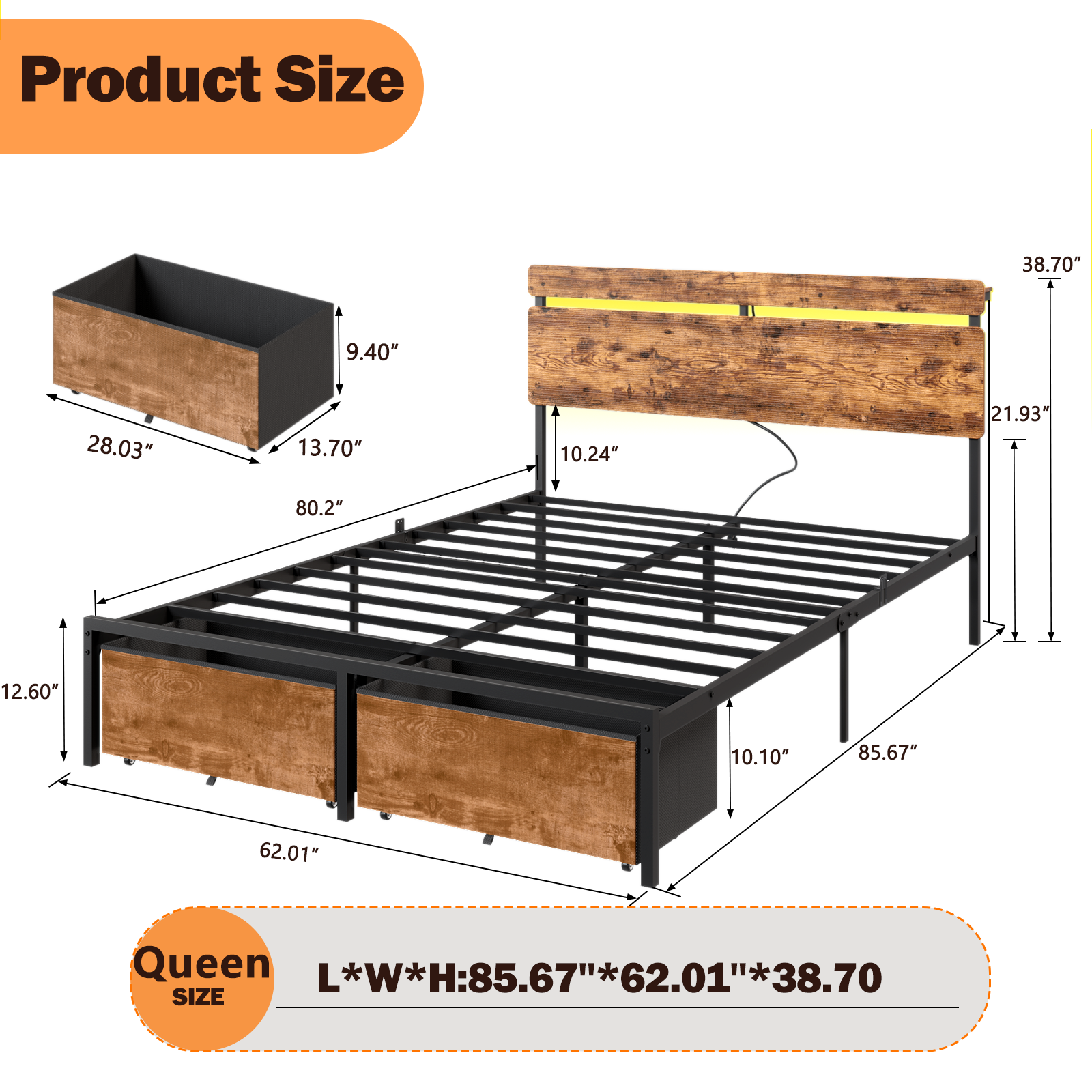 Vintage Brown Queen Bed Frame LED Lights Charging Station Storage Headboard Shelf 2 Drawers Industrial Rustic Wood Metal Heavy Duty No Box Spring