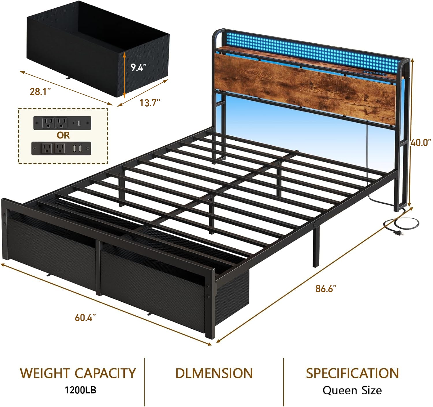 Queen Platform Bed Frame with 2 Storage Drawers Bookcase Headboard Charging Station LED Lights Metal Support No Box Spring