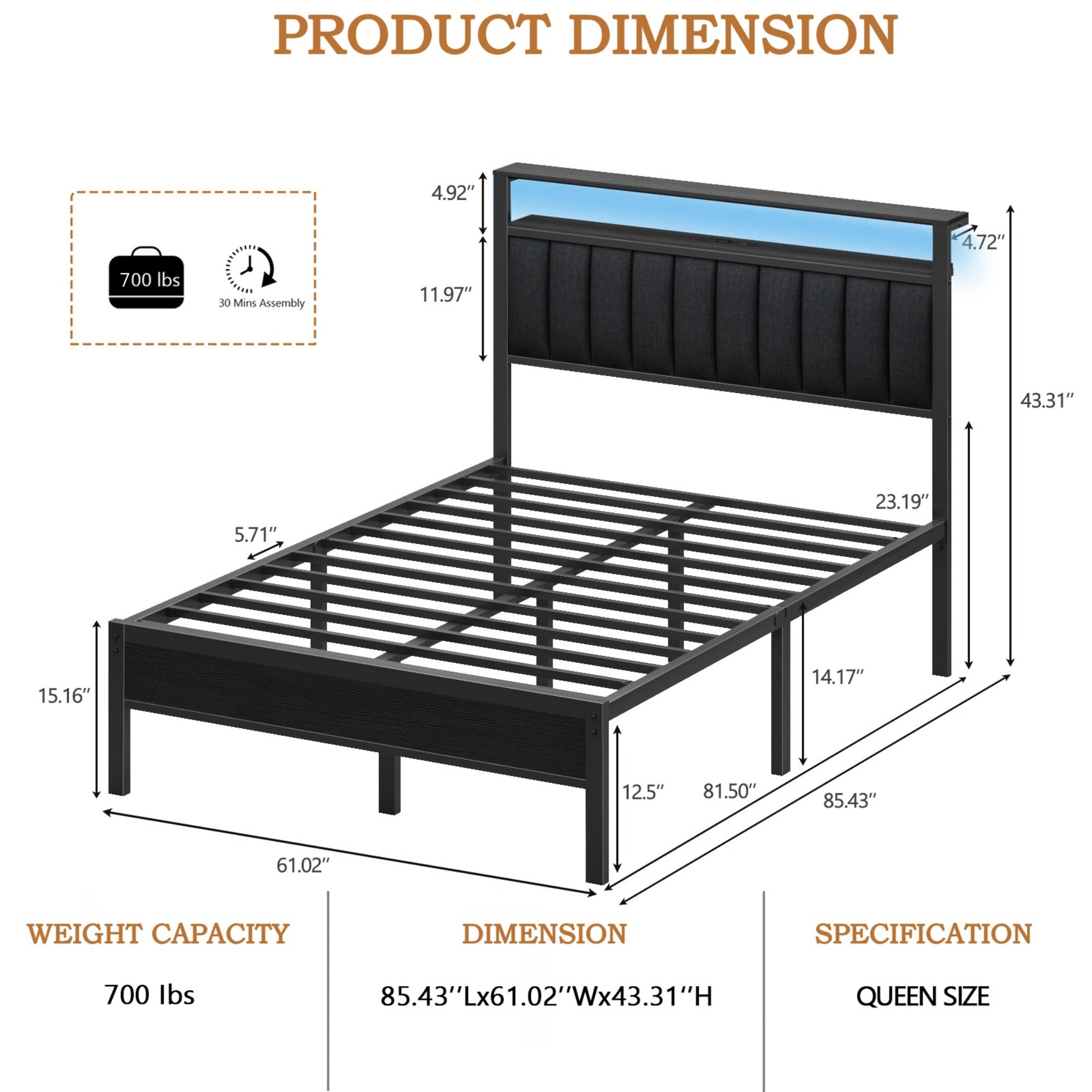 Furnulem Bed Frame with Charging Station, LED Lights & Storage Shelves – Metal Slats, No Box Spring