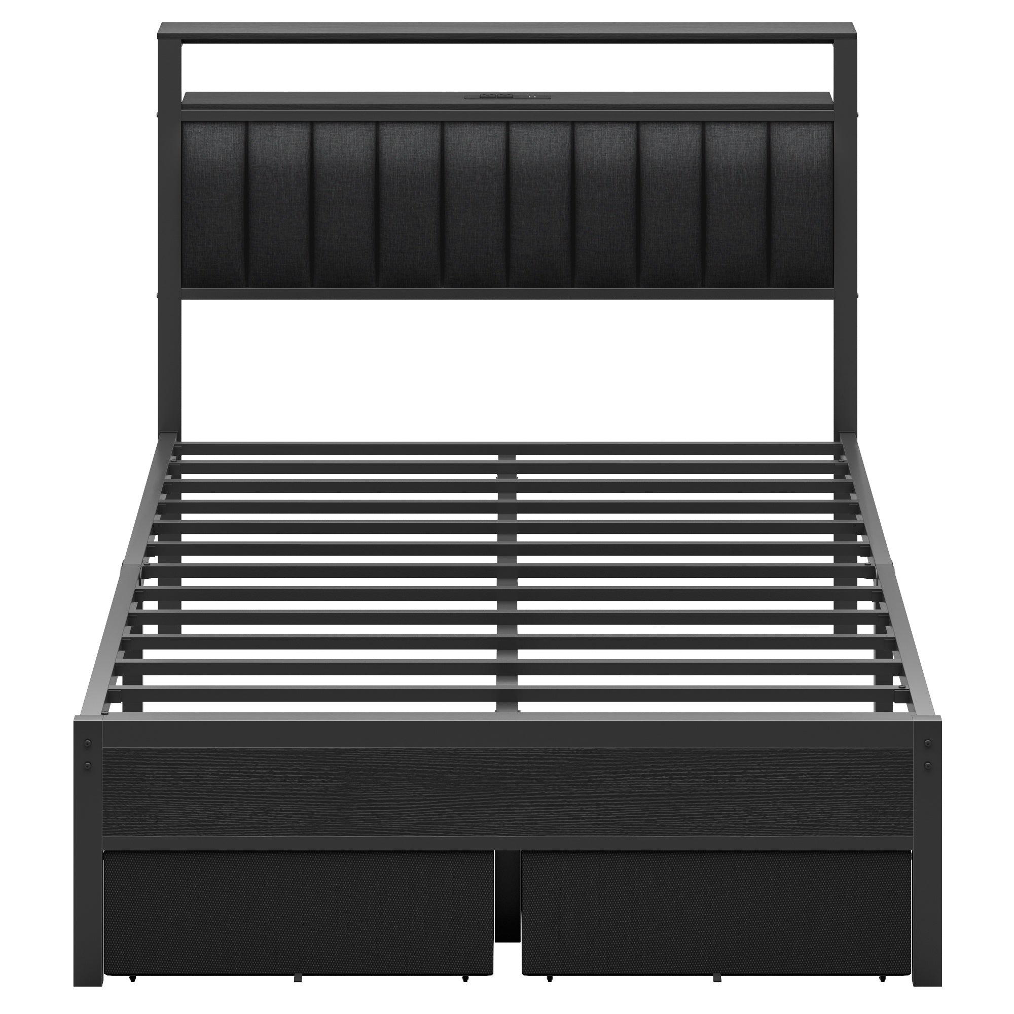 Furnulem Twin Bed Frames with Charging Station and LED Lights, Grey Upholstered Headboard with Shelves