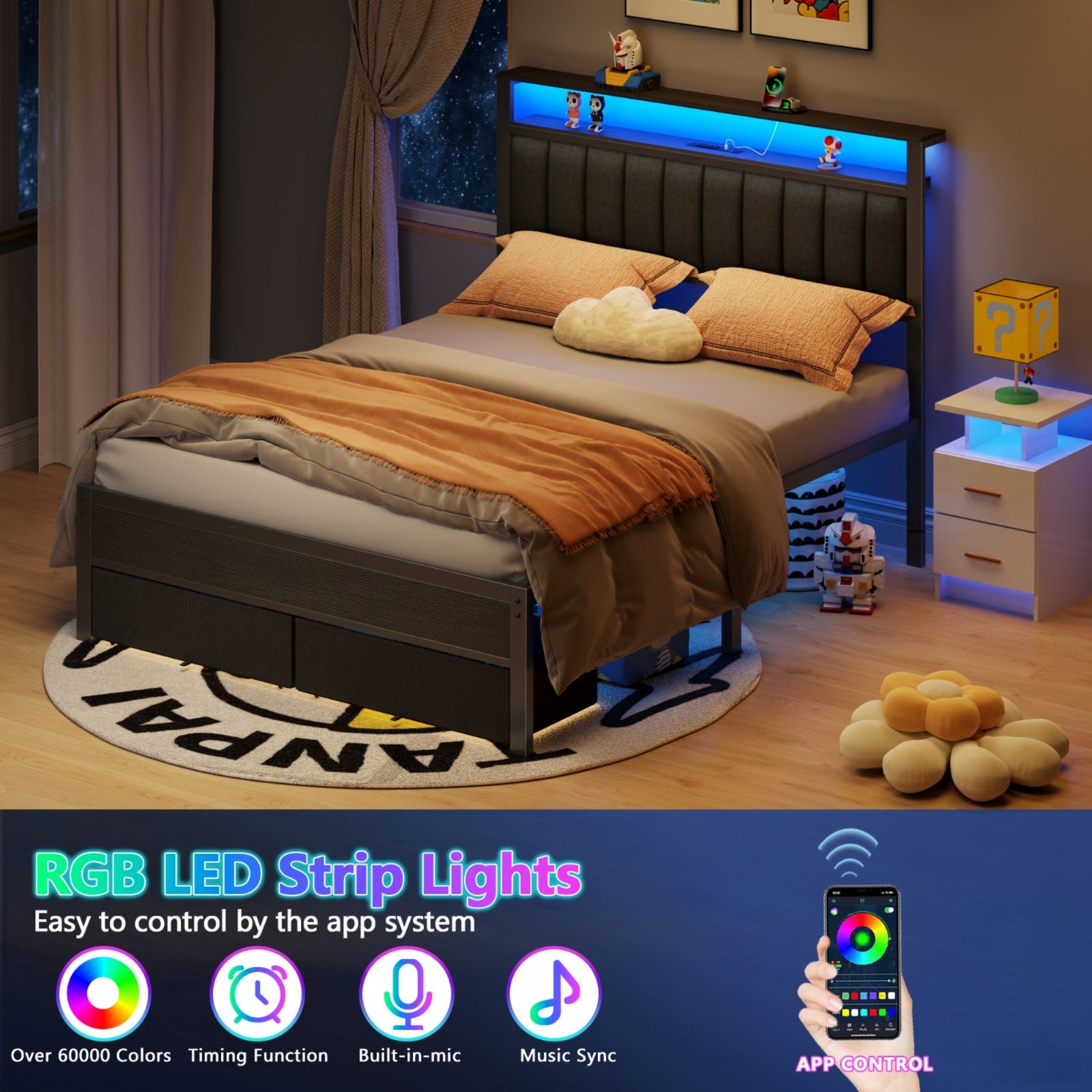 Furnulem Twin Bed Frames with Charging Station and LED Lights, Grey Upholstered Headboard with Shelves