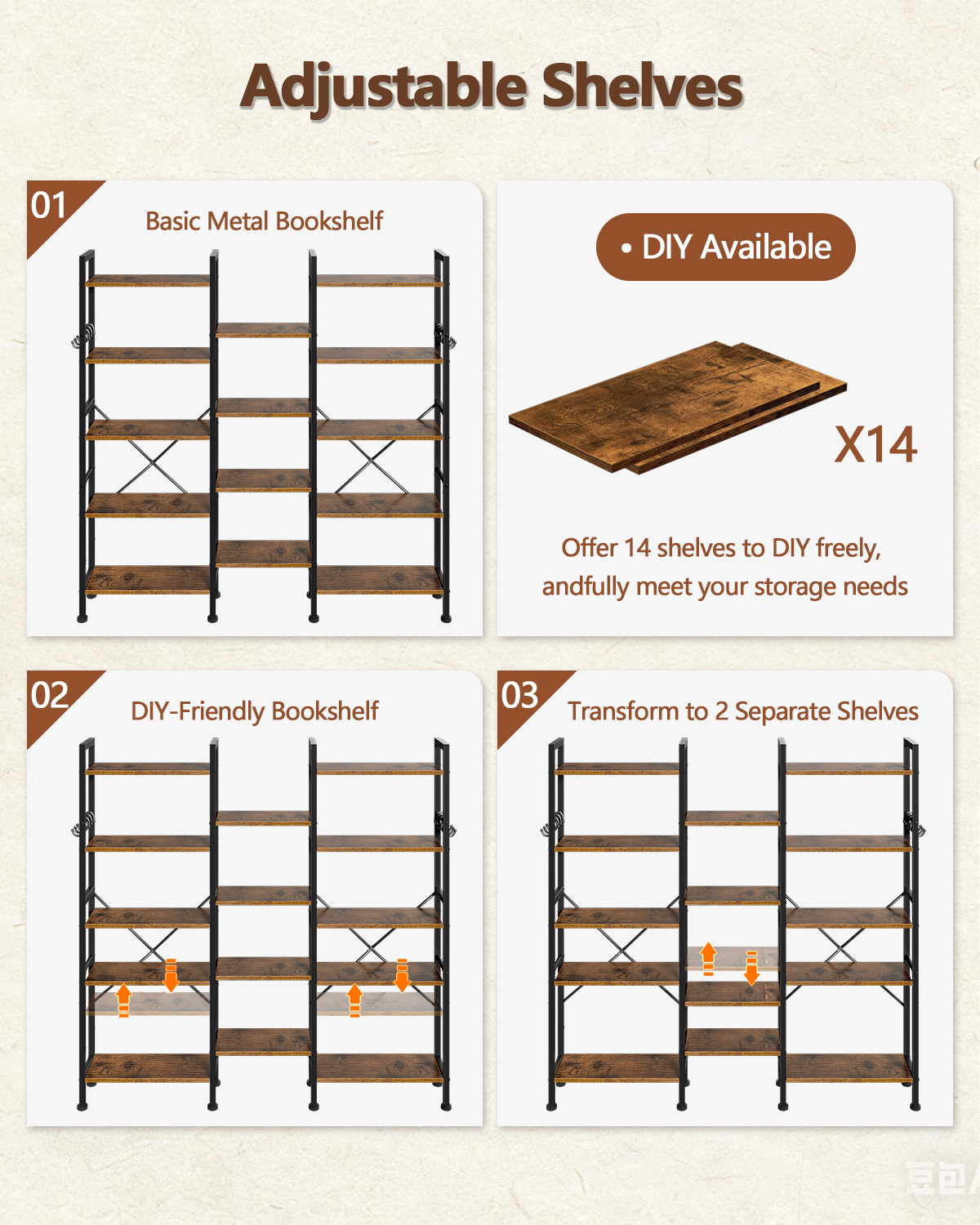 Qwatto Brown 5 Tier Bookshelf 14 Open Display Shelves Wood Metal Storage Organizer Industrial Wide Shelving Unit Freestanding Etagere in Home Office