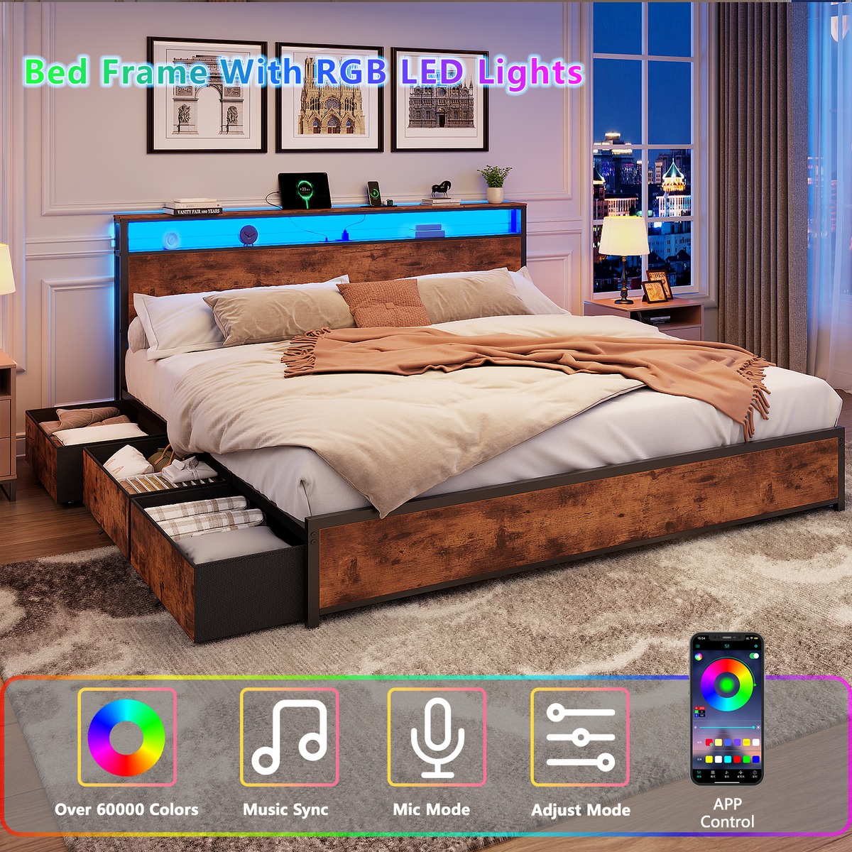 Bed Frame 6 Drawers Storage Headboard LED Lights Charging Station Metal Platform Bed Black