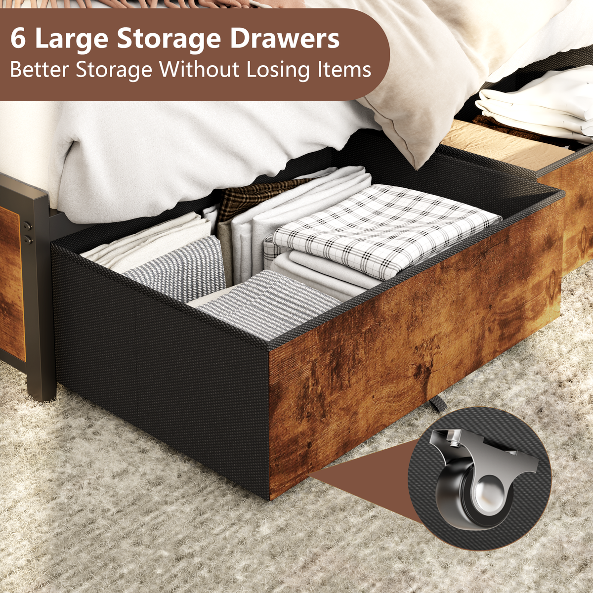 Bed Frame 6 Drawers Storage Headboard LED Lights Charging Station Metal Platform Bed Black
