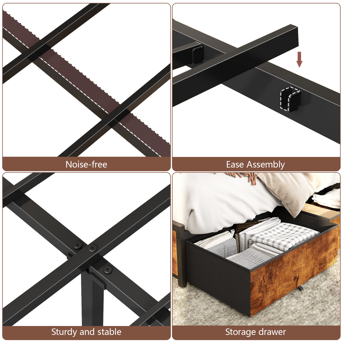 Bed Frame 6 Drawers Storage Headboard LED Lights Charging Station Metal Platform Bed Black
