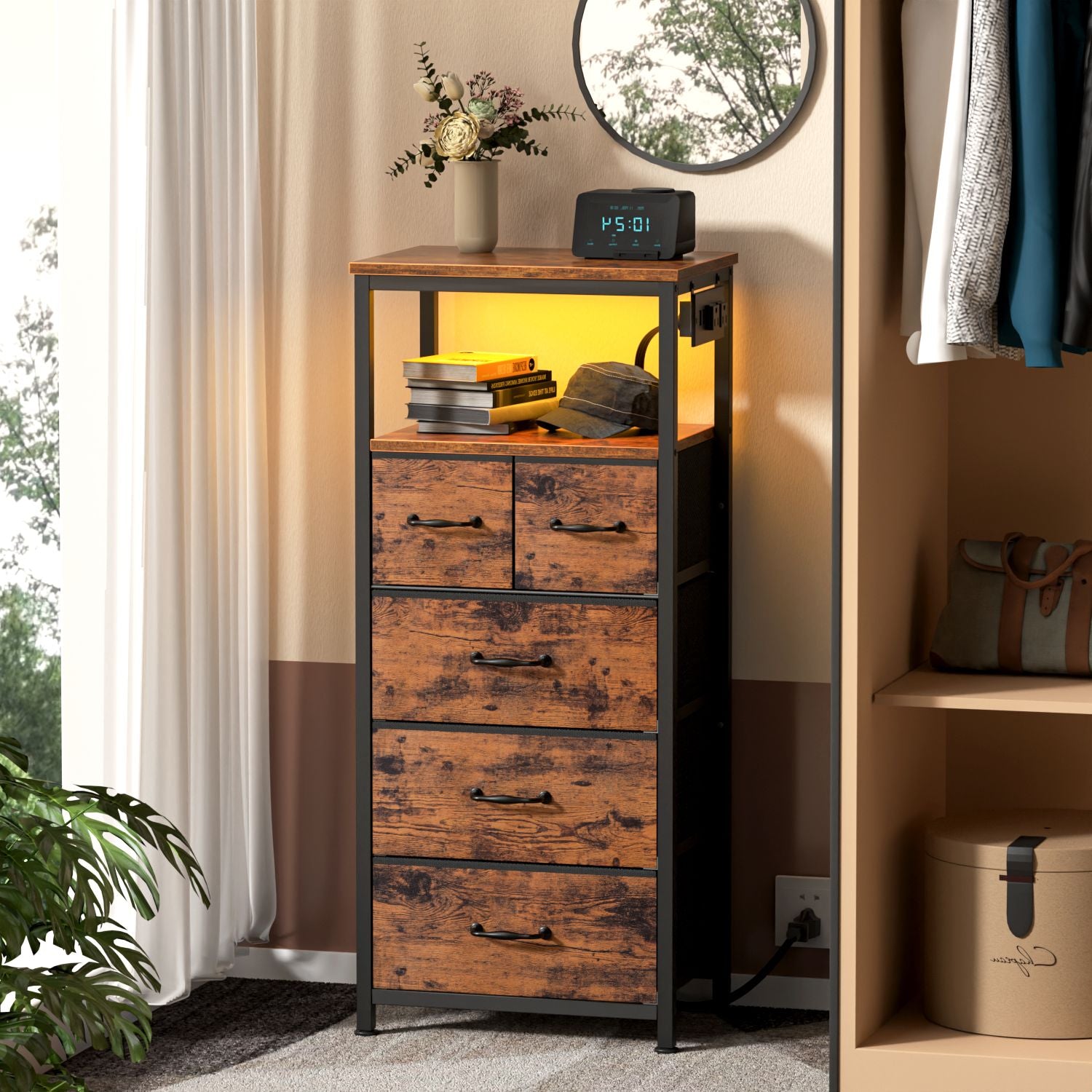 Furnulem Tall LED Dresser with Charging Station and 5 Drawers