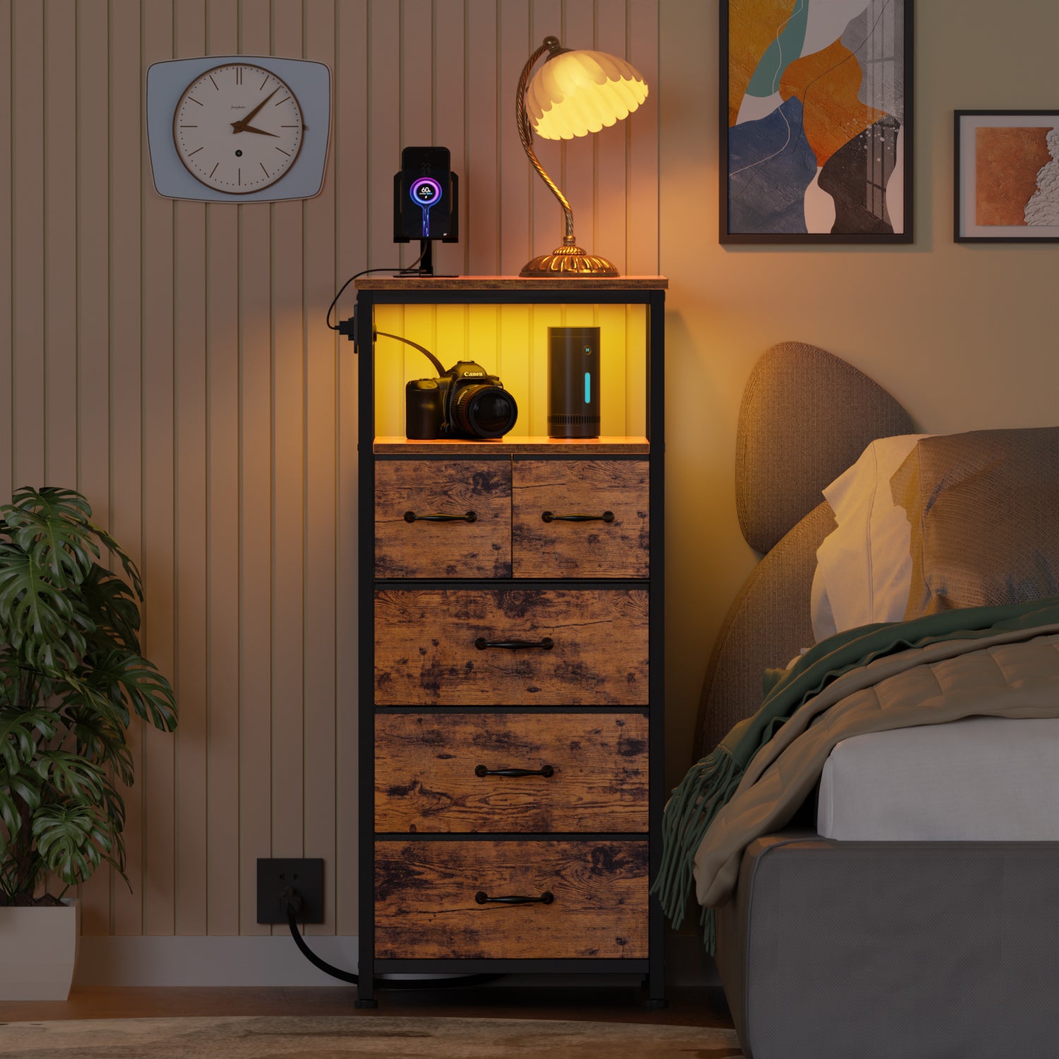 Furnulem Tall LED Dresser with Charging Station and 5 Drawers