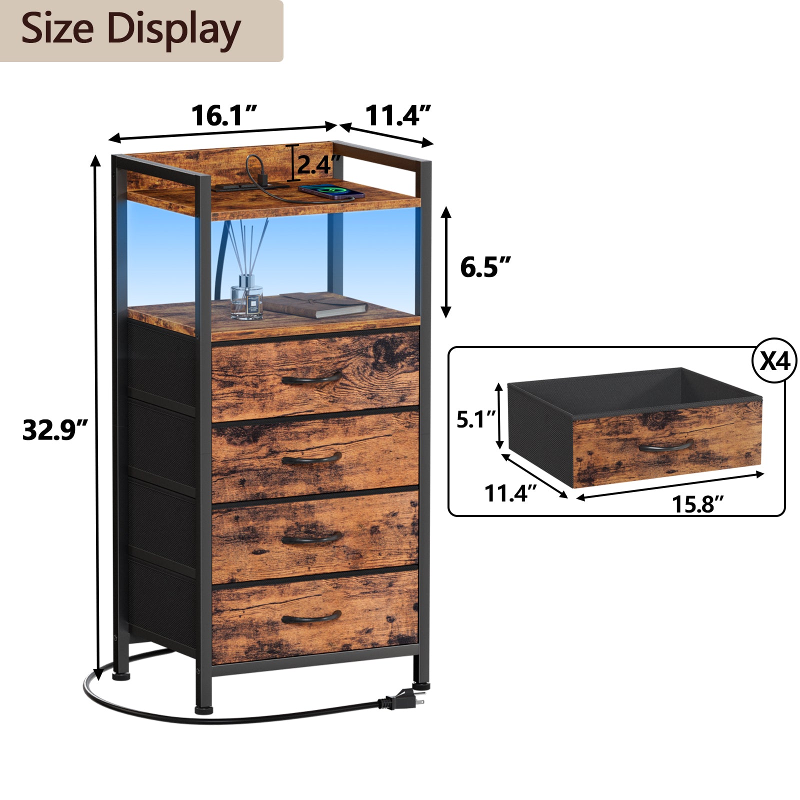 Furnulem 4 Drawer Nightstand with Charging Station