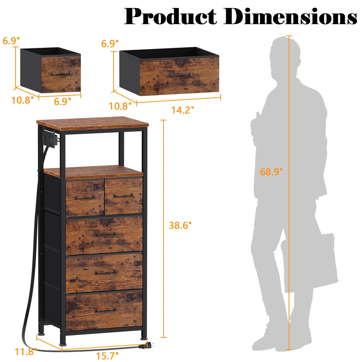 Furnulem Tall LED Dresser with Charging Station and 5 Drawers