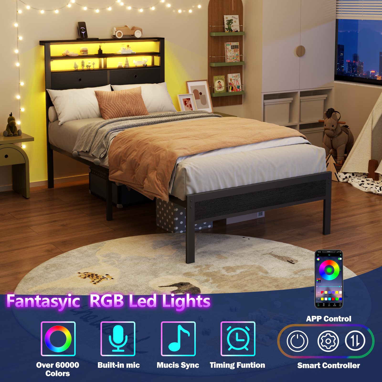 Twin Bed Frame with Storage Bed Frame With RGB Led Lights Bed With Headboard Charging Station No Box Spring Needed  Black Oack