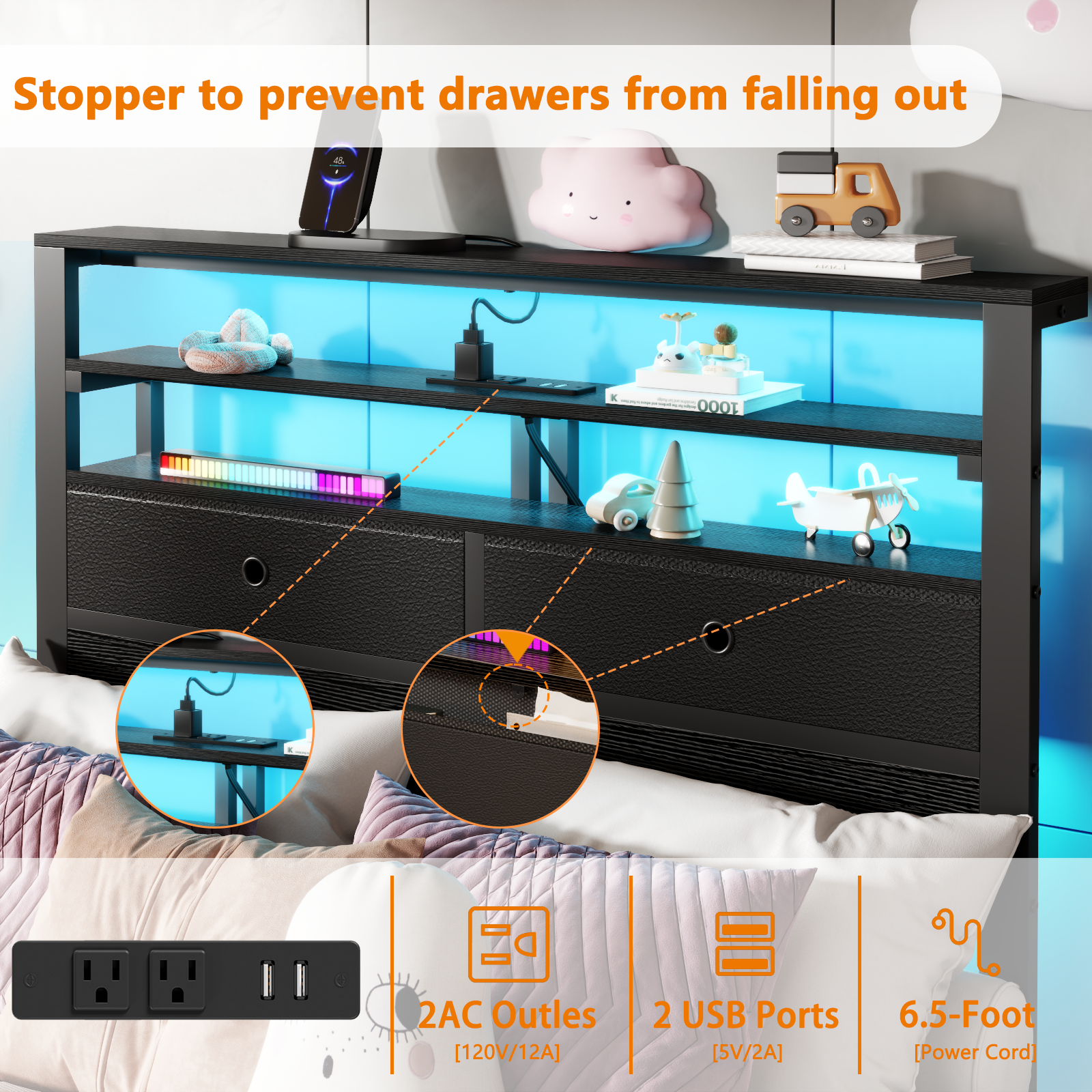 Twin Bed Frame with Storage Bed Frame With Rgb Led Lights Bed With Headboard Charging Station No Box Spring Needed  Black Oack