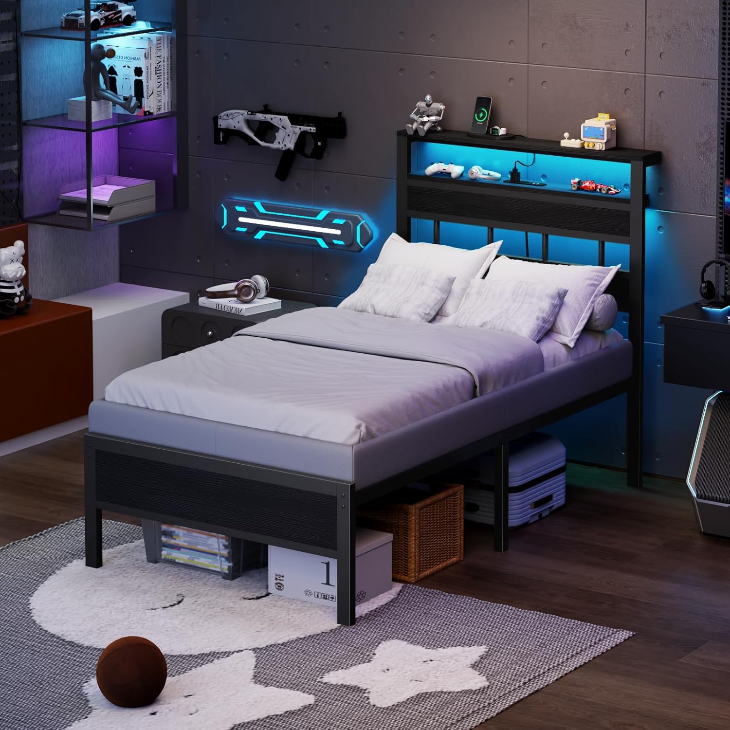 Twin Bed Frames with Charging Station and LED Lights, Twin Size Platform Bed with Metal Slats, Wood Headboard with 2-Tier Storage Shelves, No Box Spring Needed, Black Oak