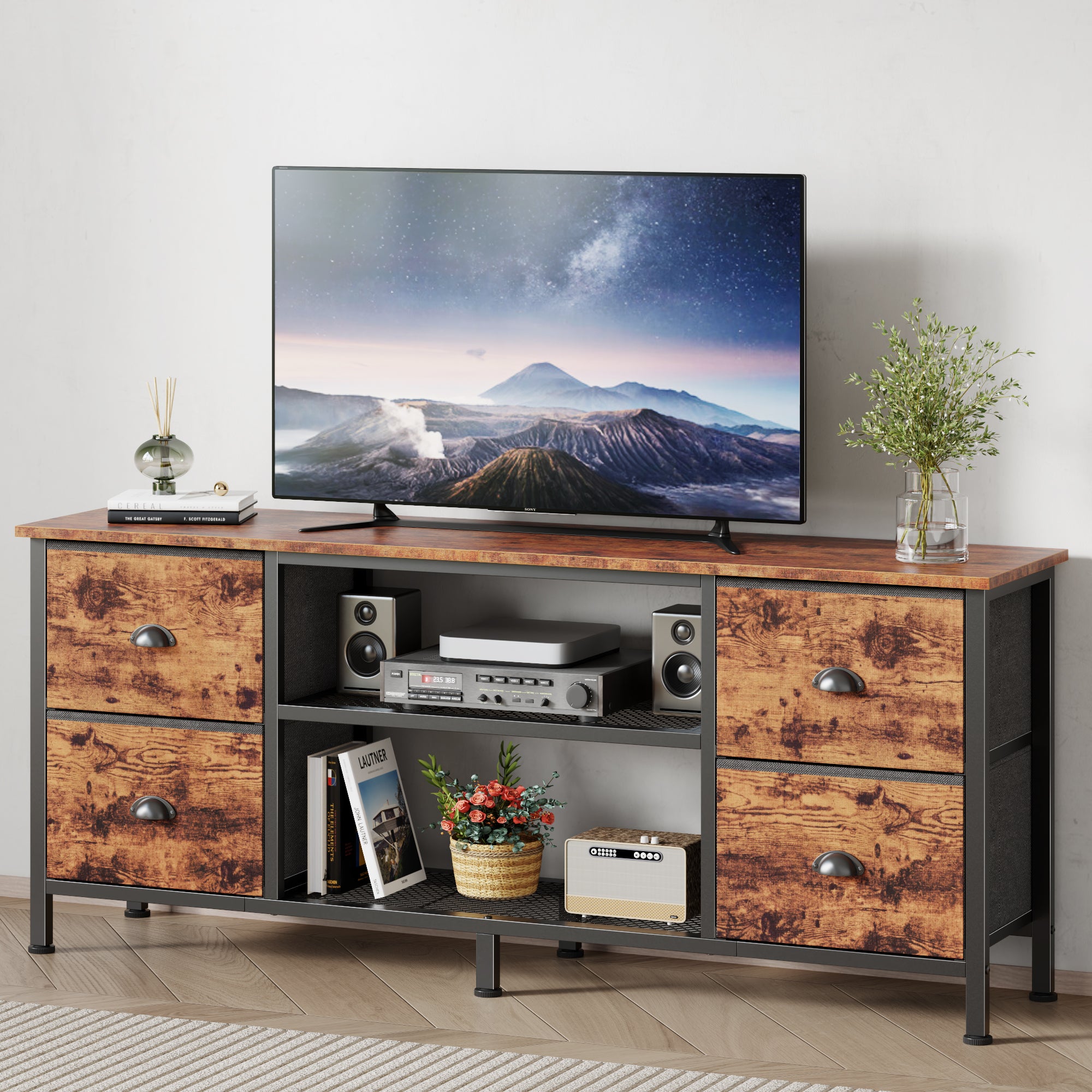 Qwatto 55 Inch Brown TV Stand Dresser for TVs up to 60 Inch 4 Drawers Media Console Entertainment Center Open Shelves Bedroom Living Room Storage