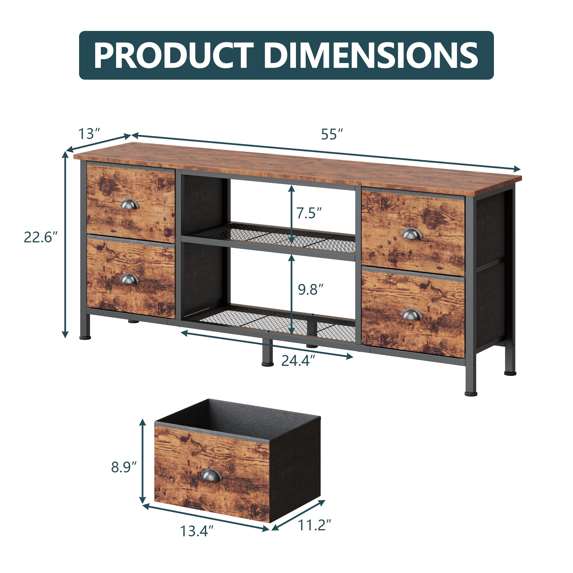 Qwatto 55 Inch Brown TV Stand Dresser for TVs up to 60 Inch 4 Drawers Media Console Entertainment Center Open Shelves Bedroom Living Room Storage