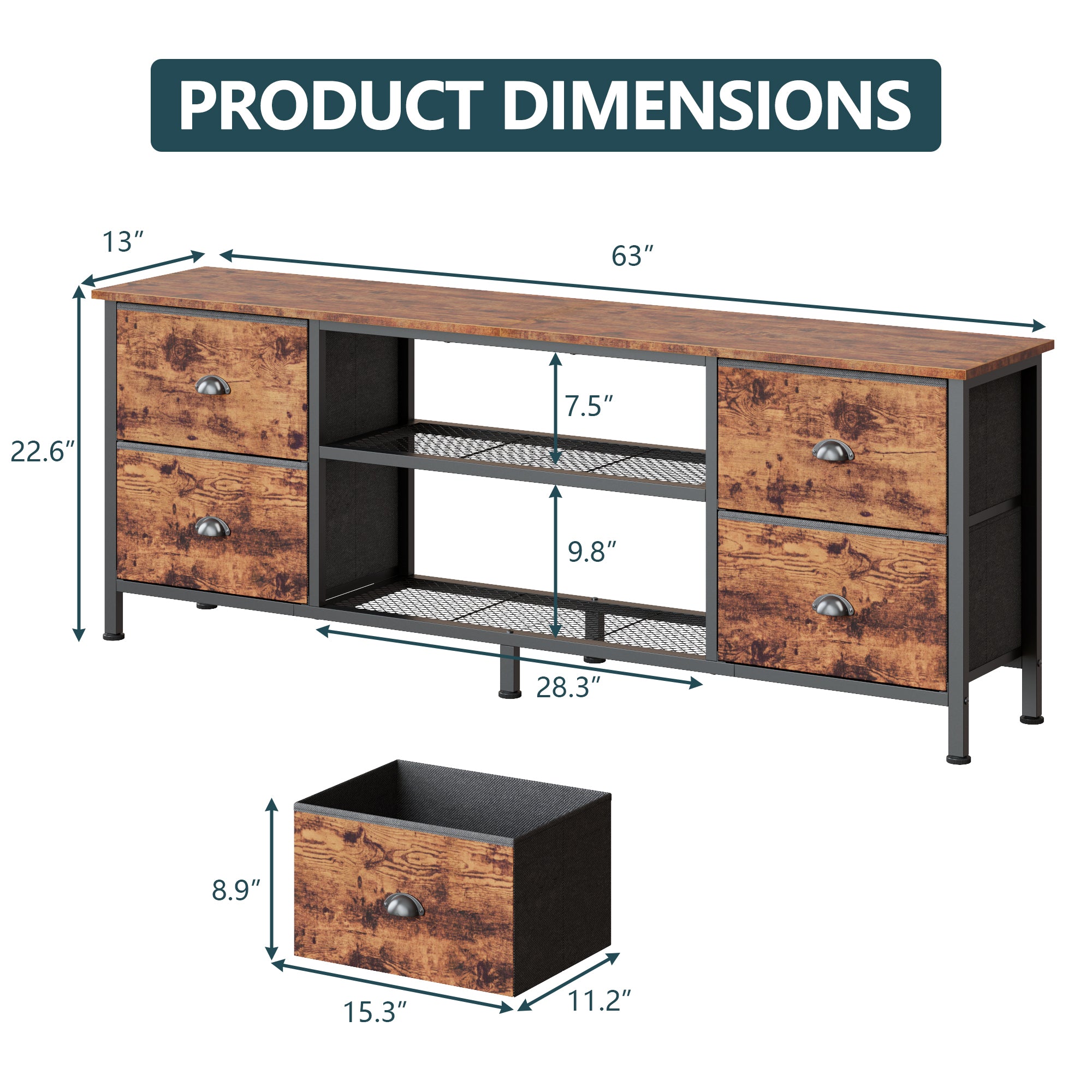 Qwatto 63 Inch Brown TV Stand Dresser for TVs up to 70 Inch Media Console Entertainment Center 4 Drawers Open Shelves Bedroom Living Room Storage