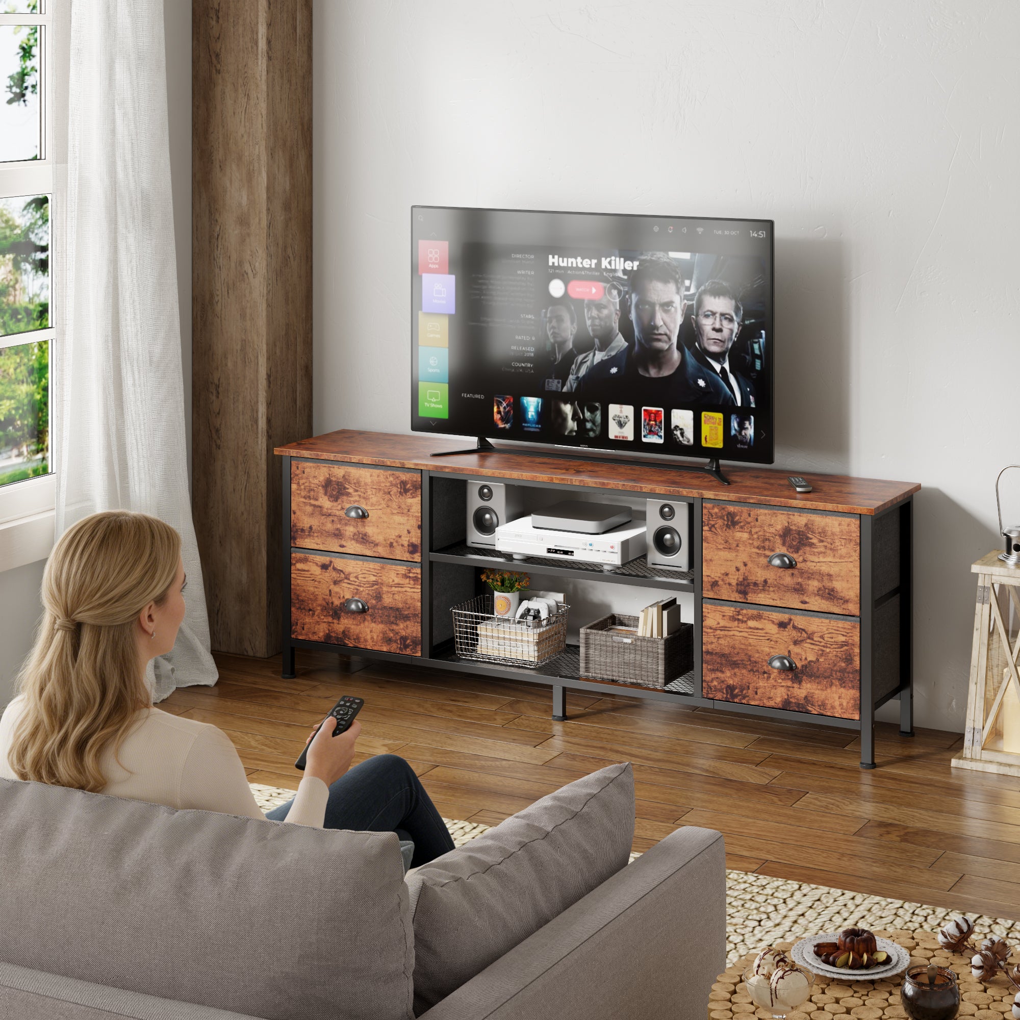 Qwatto 63 Inch Brown TV Stand Dresser for TVs up to 70 Inch Media Console Entertainment Center 4 Drawers Open Shelves Bedroom Living Room Storage