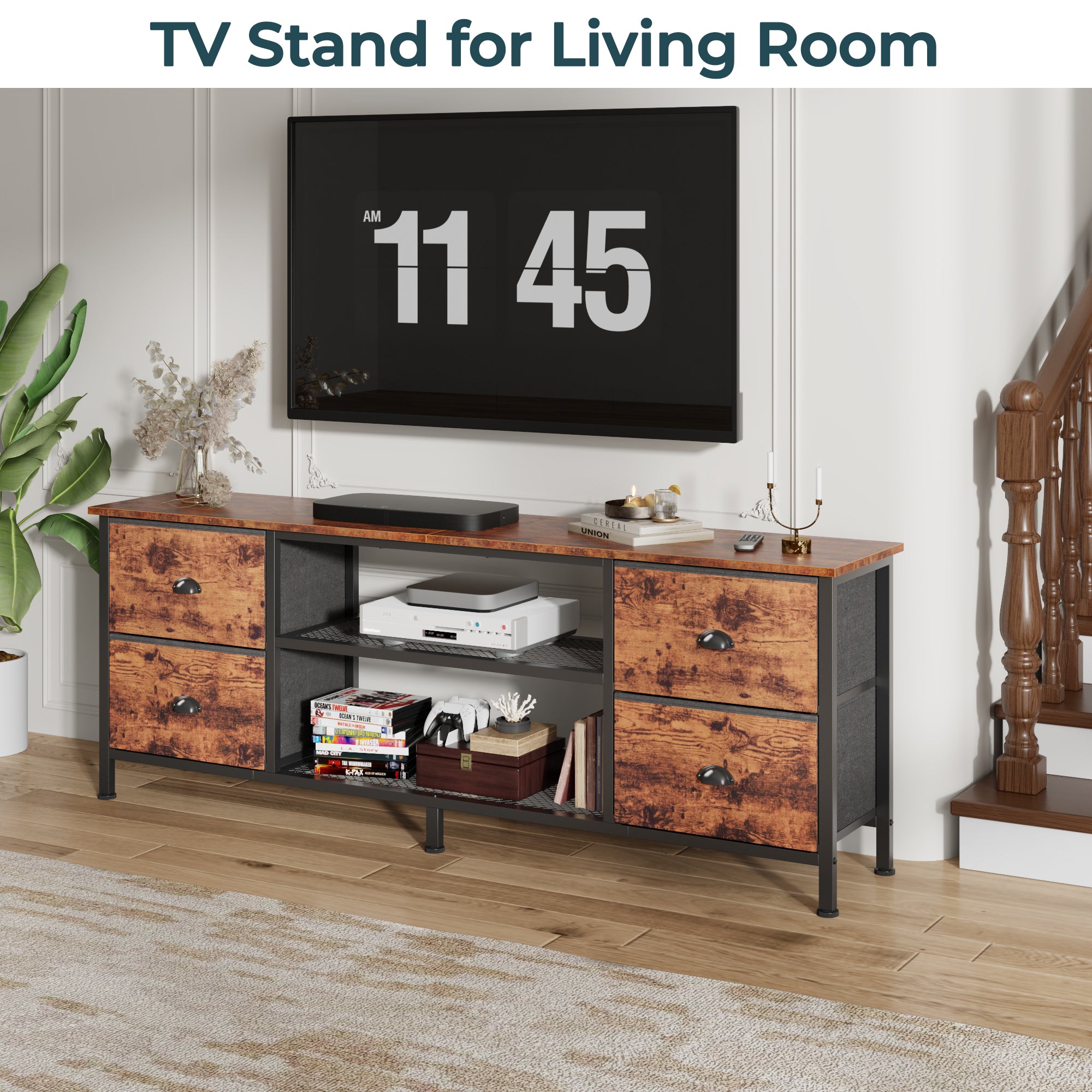 Qwatto 63 Inch Brown TV Stand Dresser for TVs up to 70 Inch Media Console Entertainment Center 4 Drawers Open Shelves Bedroom Living Room Storage