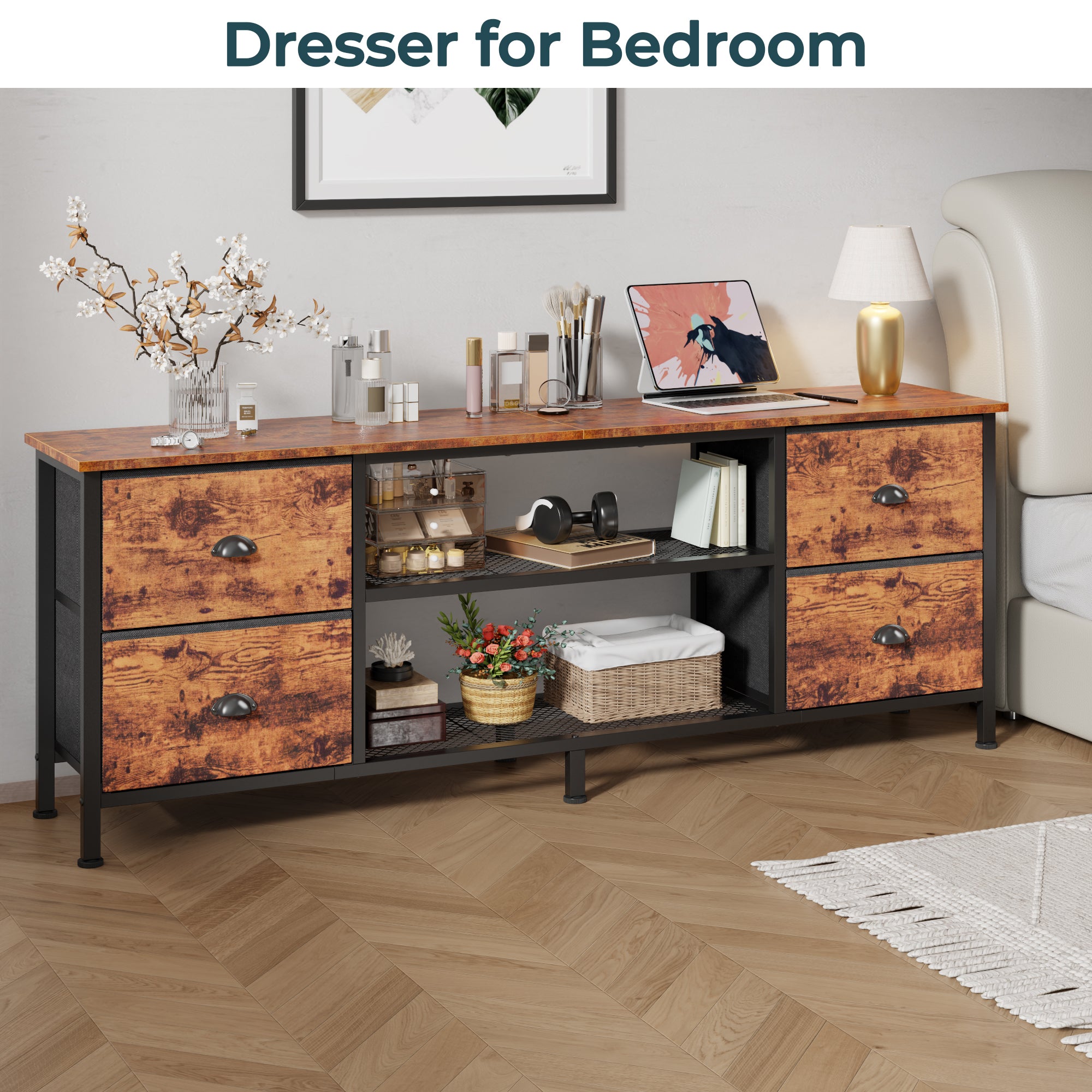 Qwatto 63 Inch Brown TV Stand Dresser for TVs up to 70 Inch Media Console Entertainment Center 4 Drawers Open Shelves Bedroom Living Room Storage