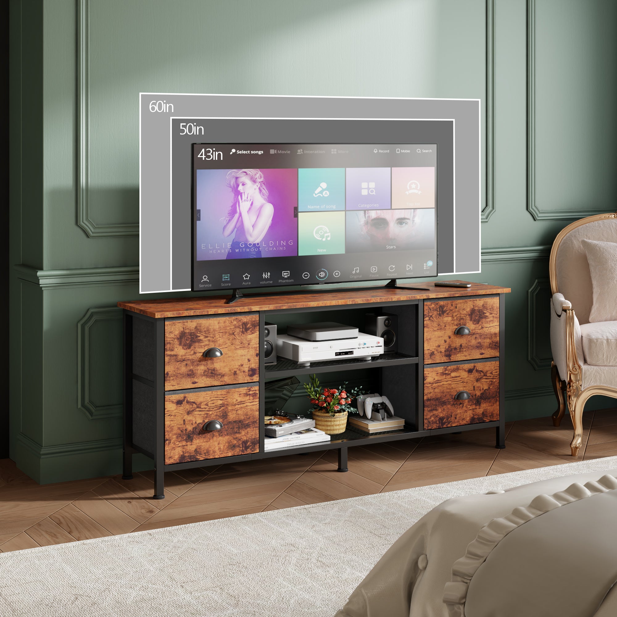 Qwatto 55 Inch Brown TV Stand Dresser for TVs up to 60 Inch 4 Drawers Media Console Entertainment Center Open Shelves Bedroom Living Room Storage