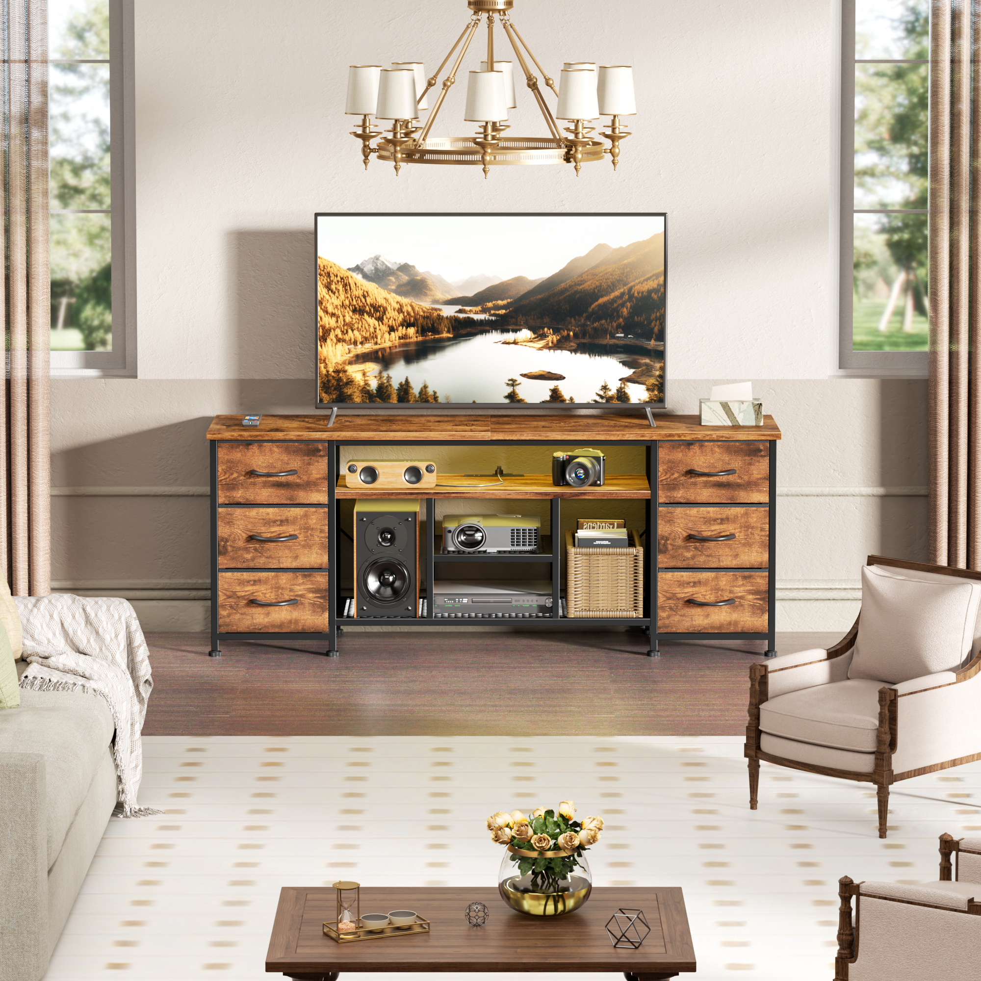 Qwatto 55 Inch Brown TV Stand Dresser with Charging Station LED Lights 6 Fabric Drawers Entertainment Center for TVs up to 60 Inch Bedroom Storage
