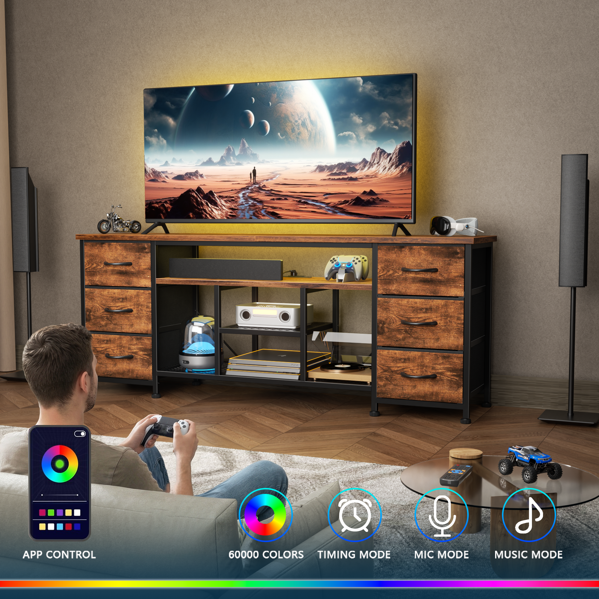 Qwatto 55 Inch Brown TV Stand Dresser with Charging Station LED Lights 6 Fabric Drawers Entertainment Center for TVs up to 60 Inch Bedroom Storage