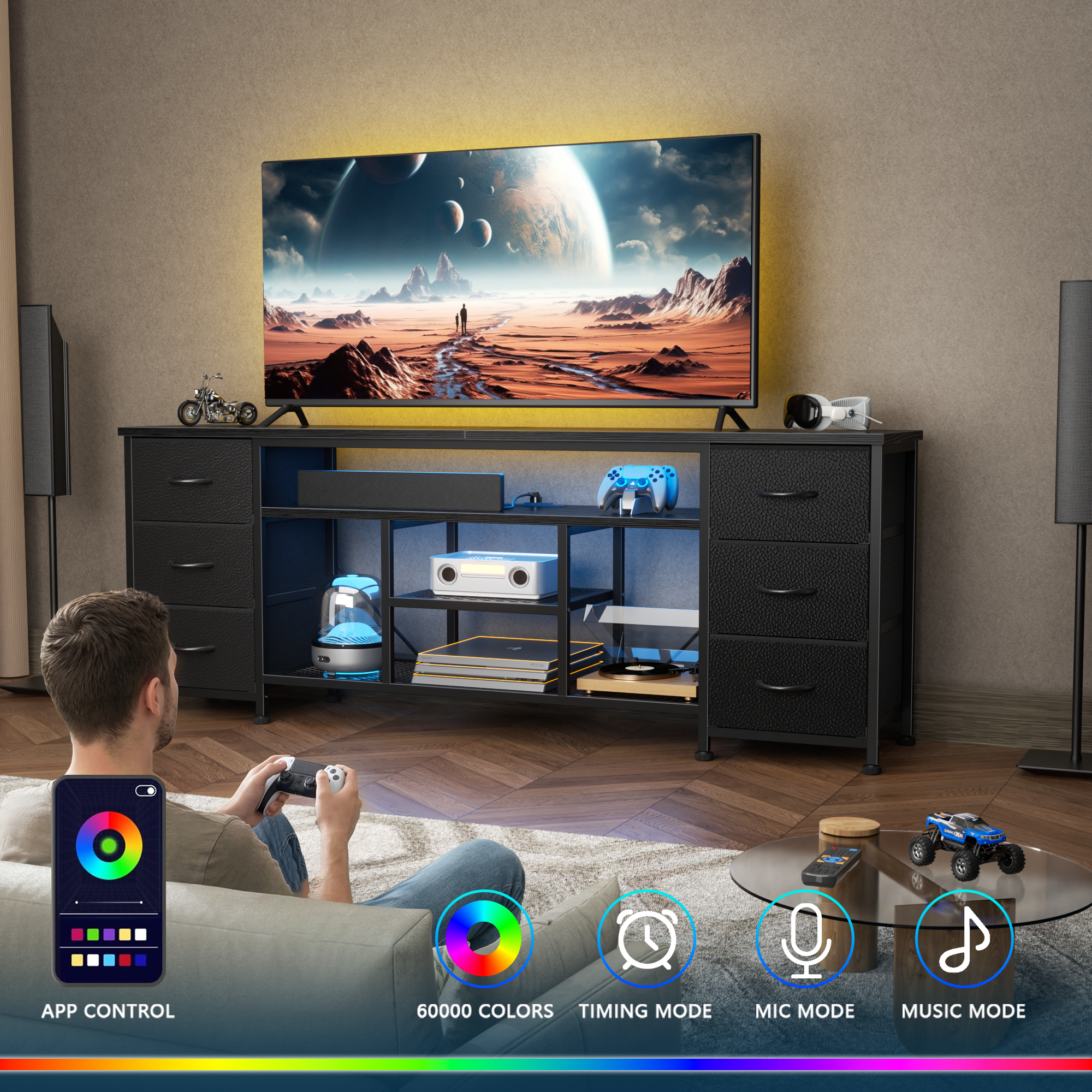 Qwatto 63 Inch Black TV Stand Dresser with Charging Station LED Lights 6 Fabric Drawers Entertainment Center for TVs up to 70 Inch Bedroom Storage
