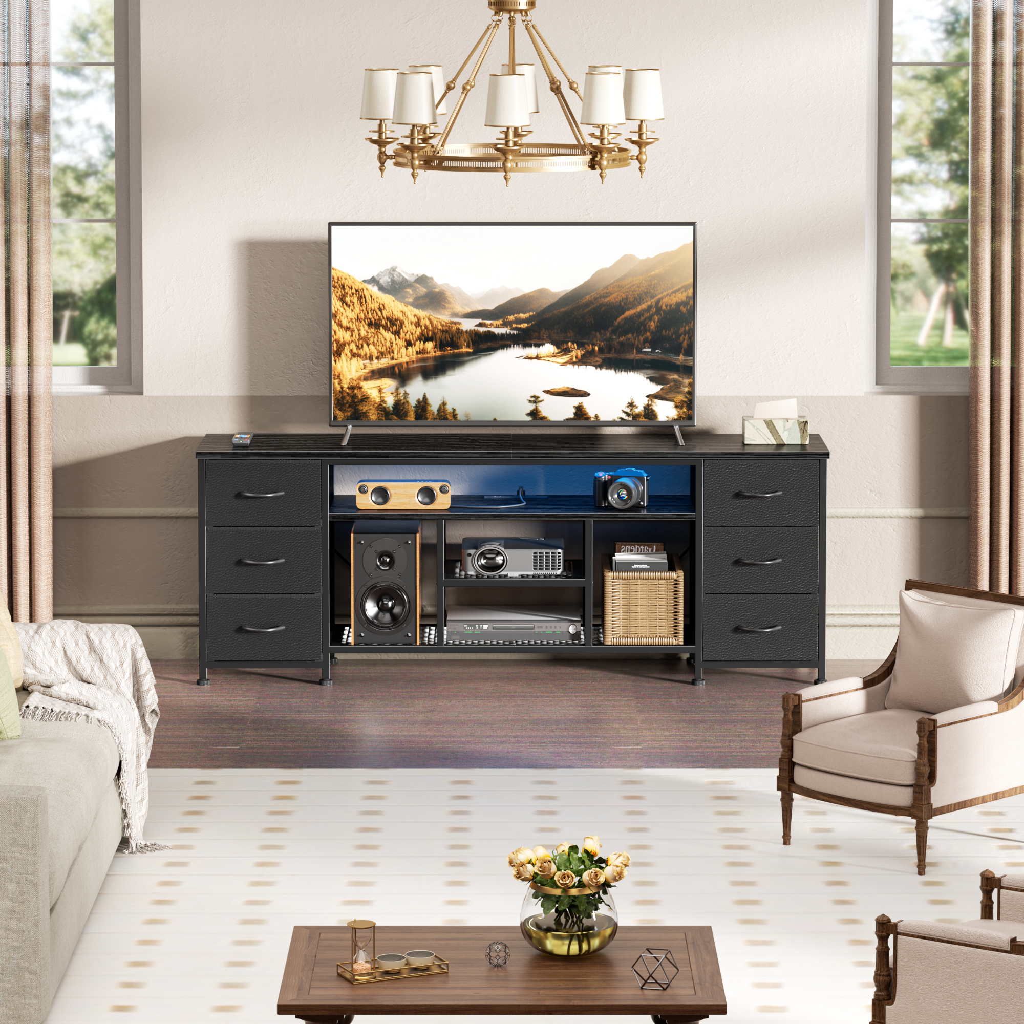 Qwatto 63 Inch Black TV Stand Dresser with Charging Station LED Lights 6 Fabric Drawers Entertainment Center for TVs up to 70 Inch Bedroom Storage