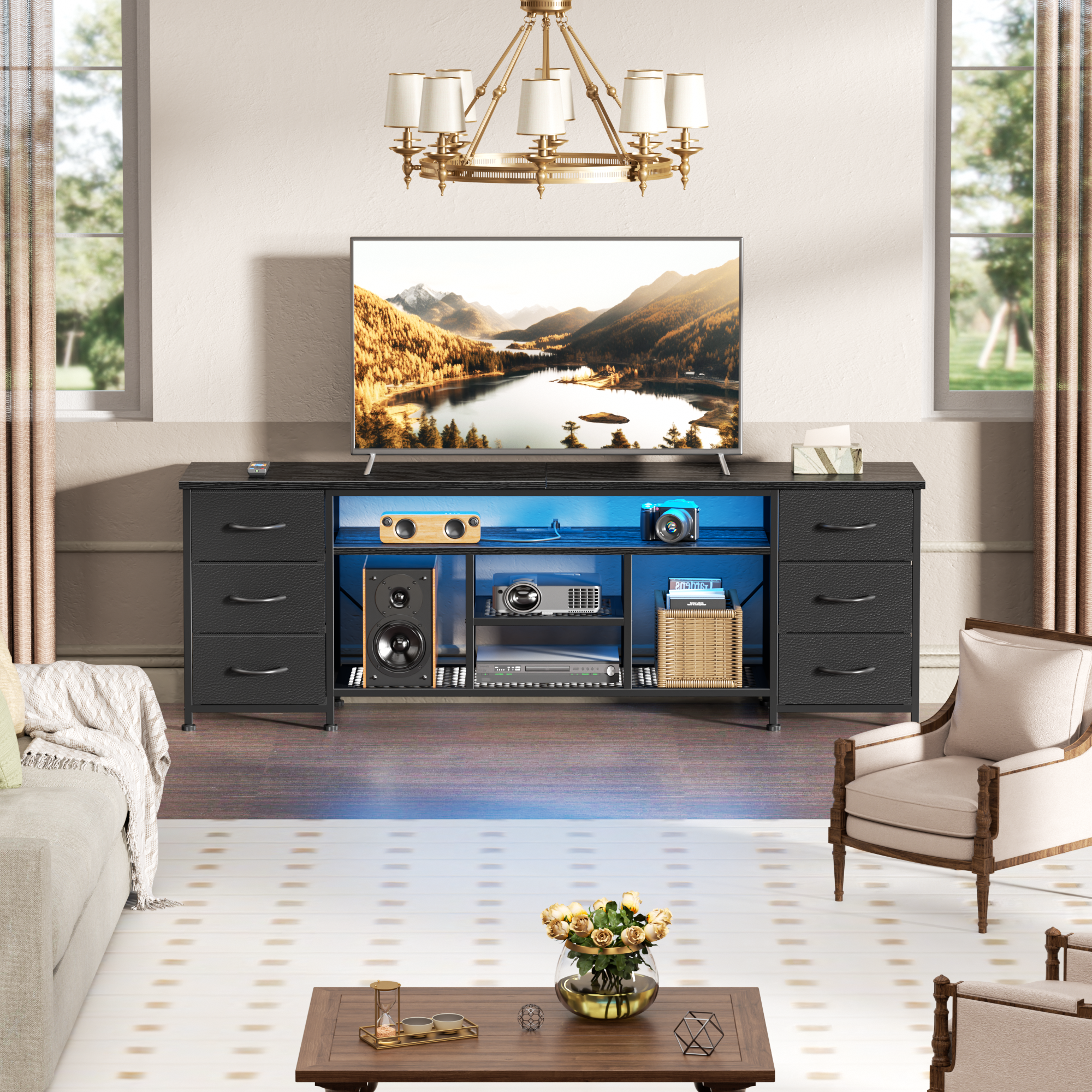 71 Inch Black TV Stand Dresser with Charging Station LED Lights 6 Fabric Drawers PU Leather Media Console for TVs up to 80 Inch Bedroom Storage