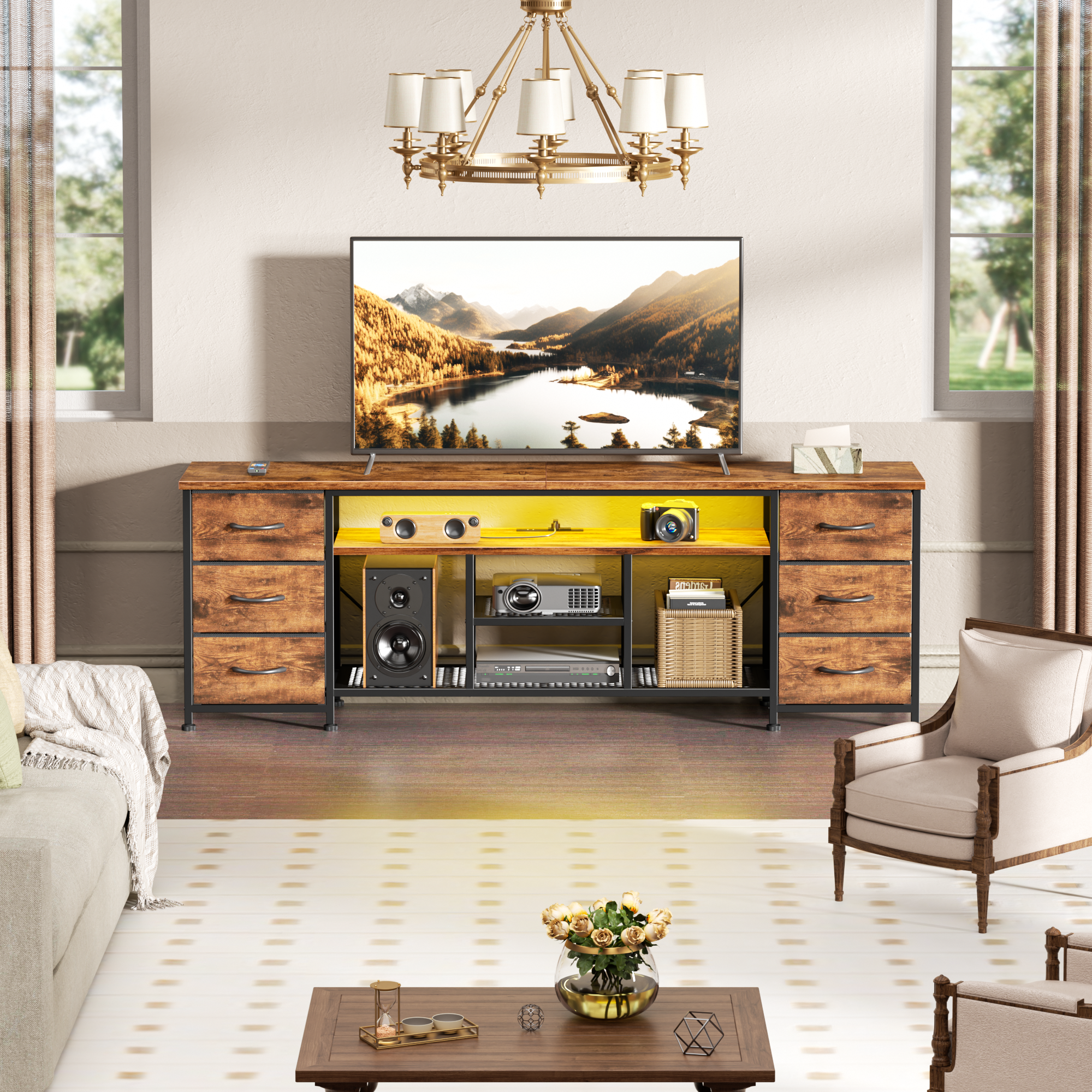 71 Inch Brown TV Stand Dresser with Charging Station LED Lights 6 Fabric Drawers PU Leather Media Console for TVs up to 80 Inch Bedroom Storage