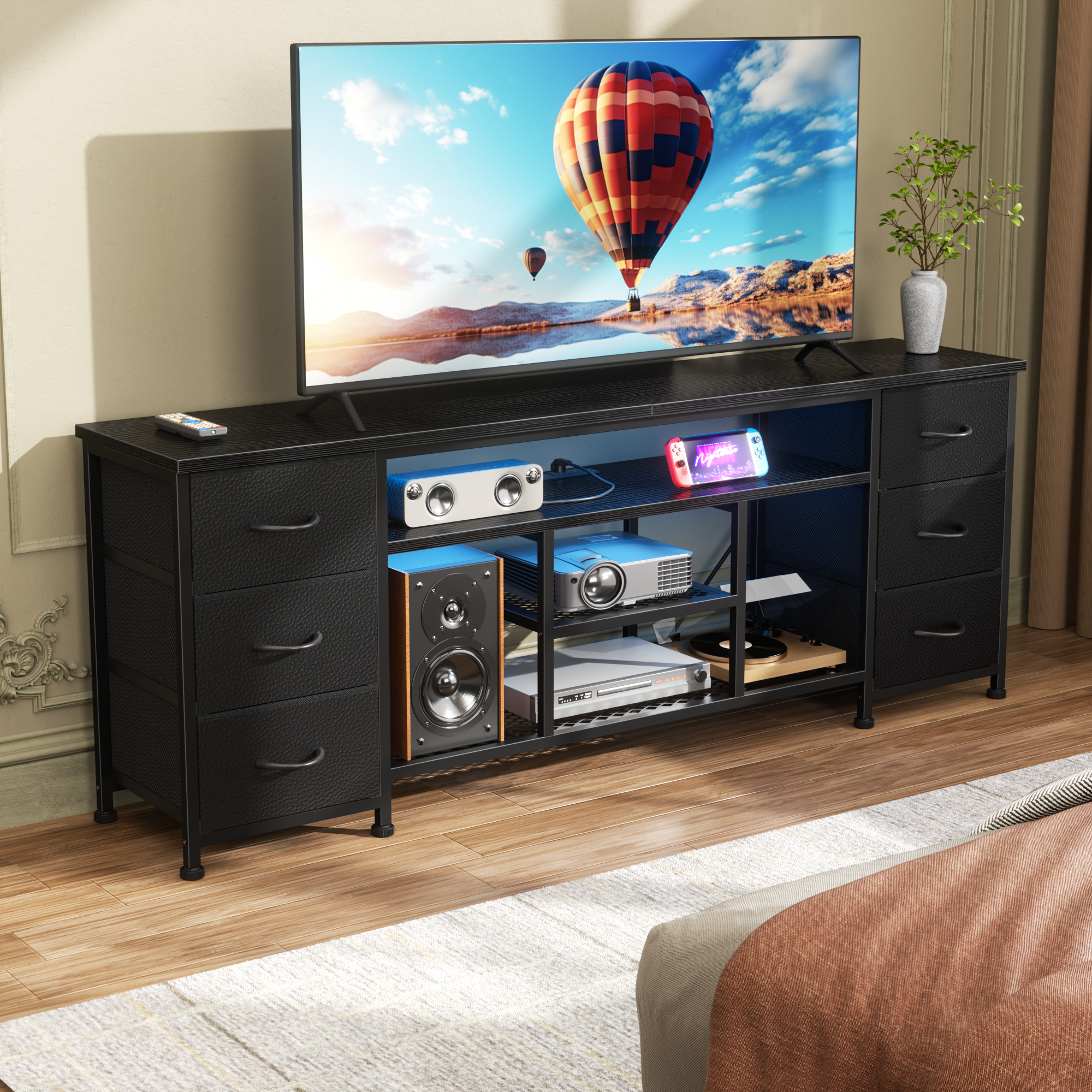 Qwatto 63 Inch Black TV Stand Dresser with Charging Station LED Lights 6 Fabric Drawers Entertainment Center for TVs up to 70 Inch Bedroom Storage