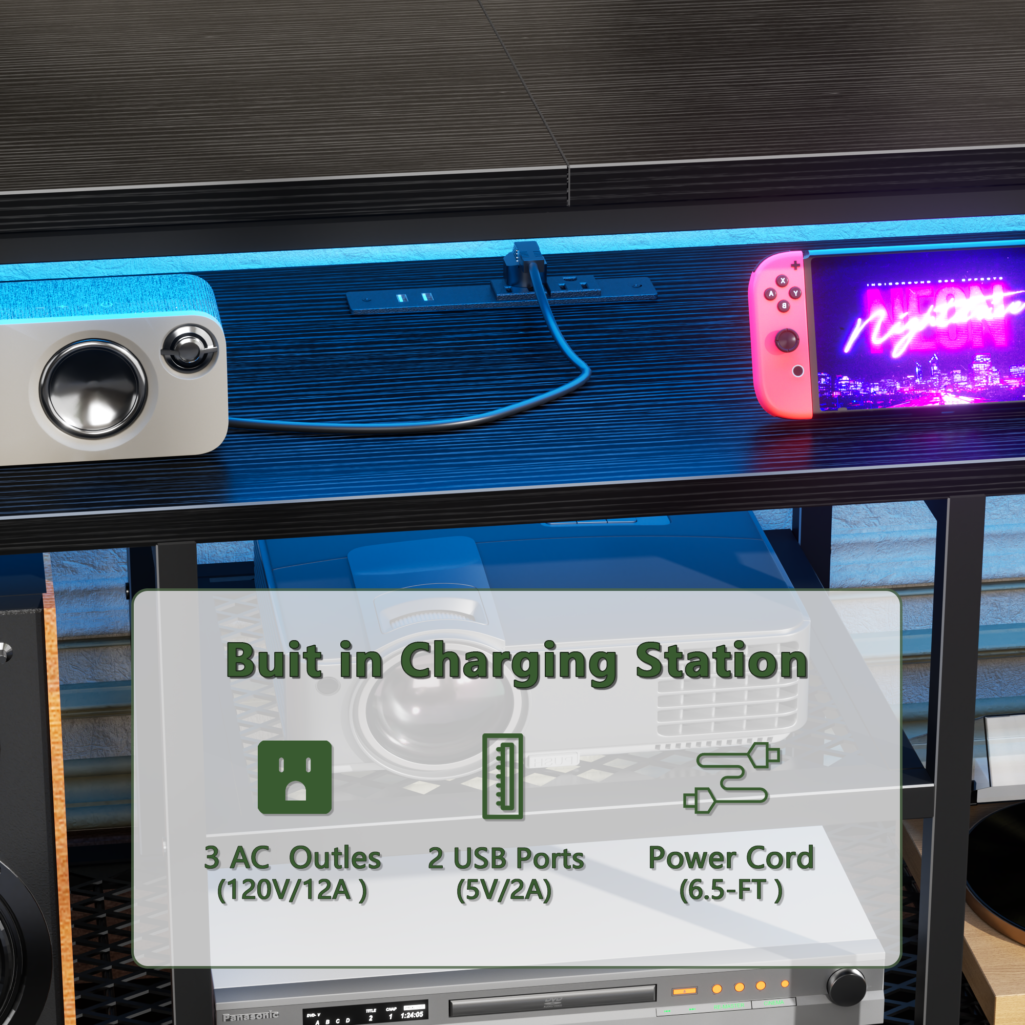 71 Inch Black TV Stand Dresser with Charging Station LED Lights 6 Fabric Drawers PU Leather Media Console for TVs up to 80 Inch Bedroom Storage